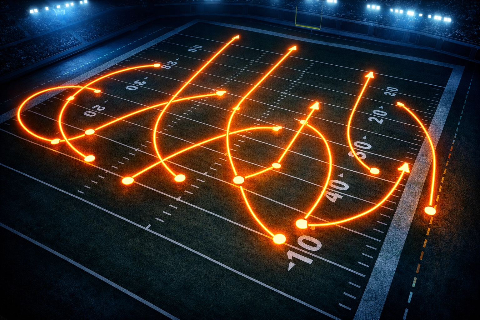 Football field diagram showing receiver route patterns including slants, crossers, and vertical stems