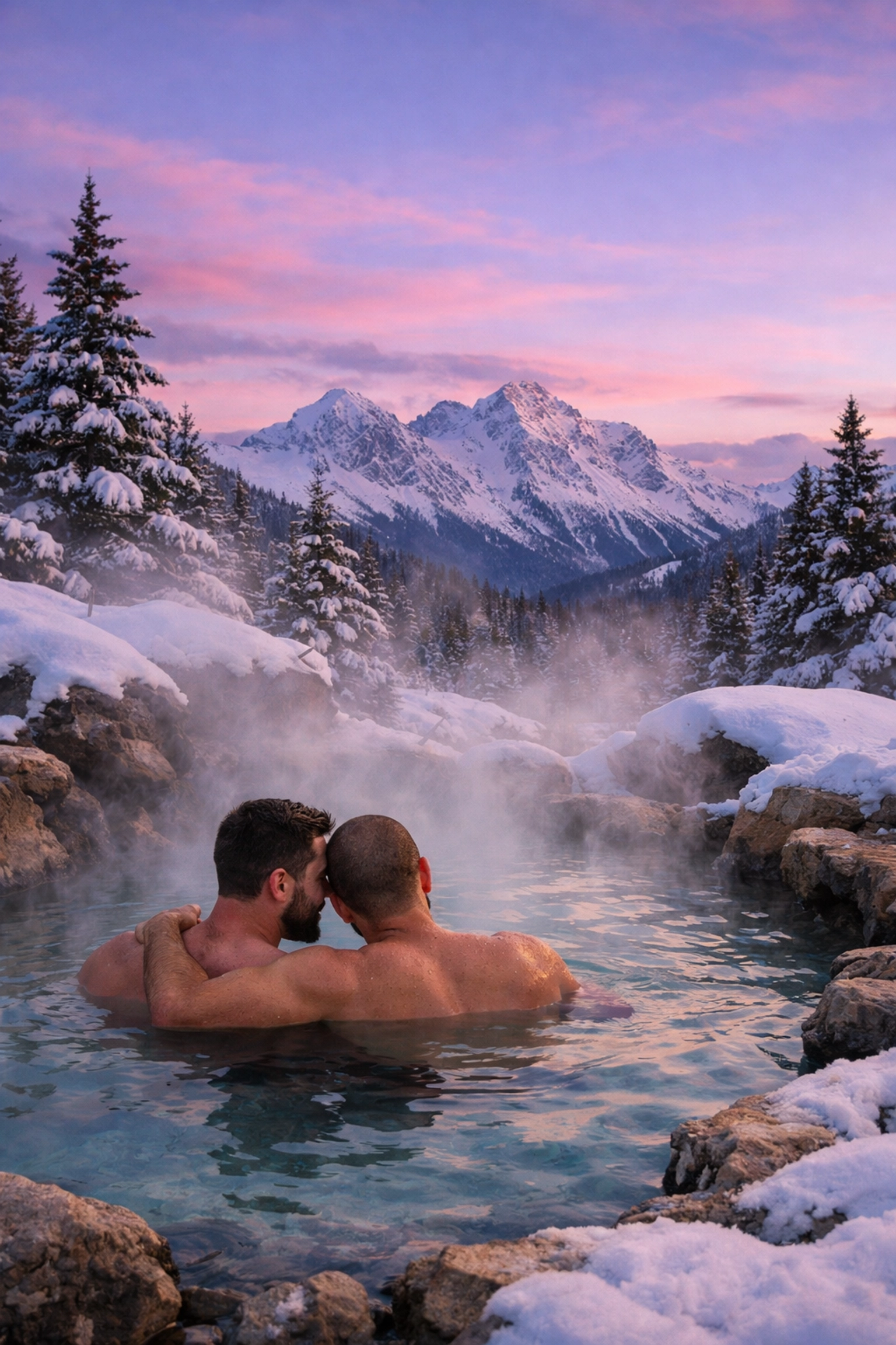 Gay couple relaxing in natural hot springs surrounded by snow and pine trees