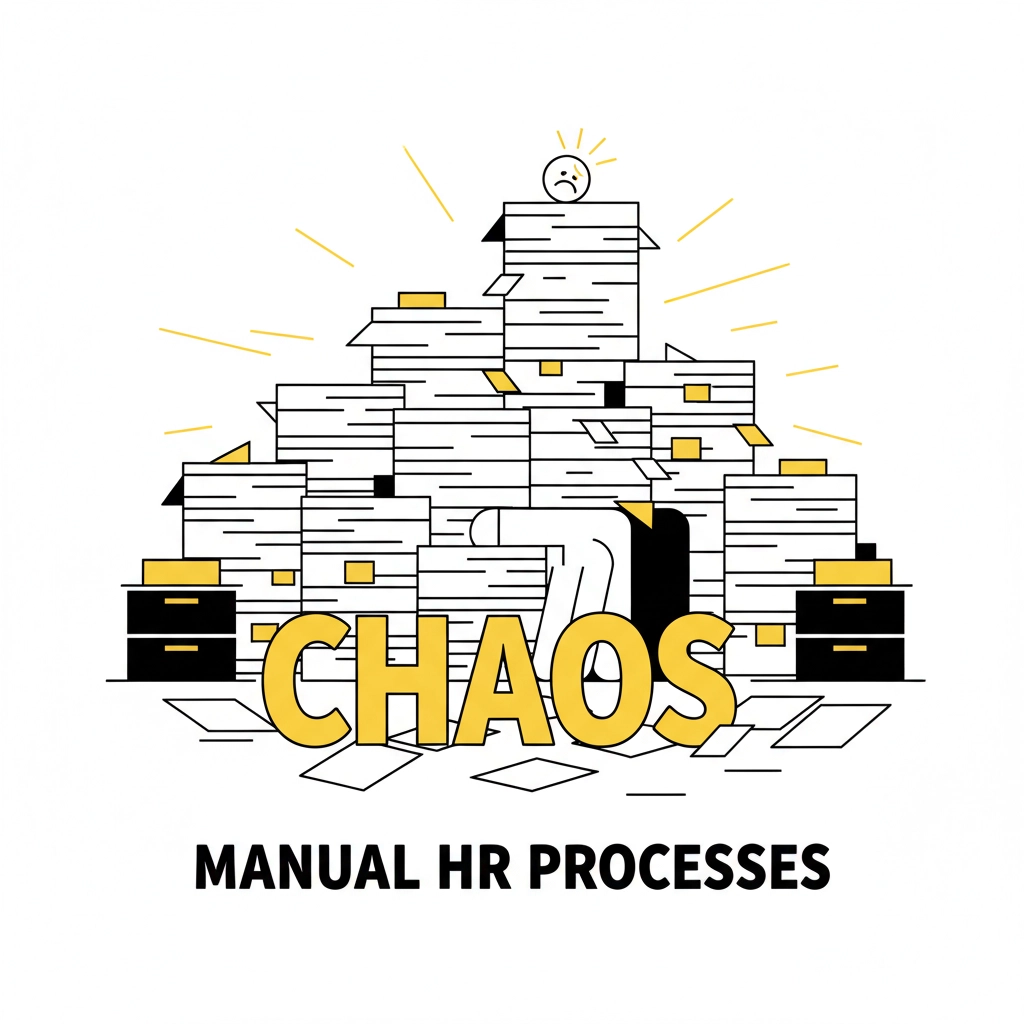 A worried face atop a towering pile of papers labeled "CHAOS." Text reads "MANUAL HR PROCESSES." Yellow and black accents convey stress.