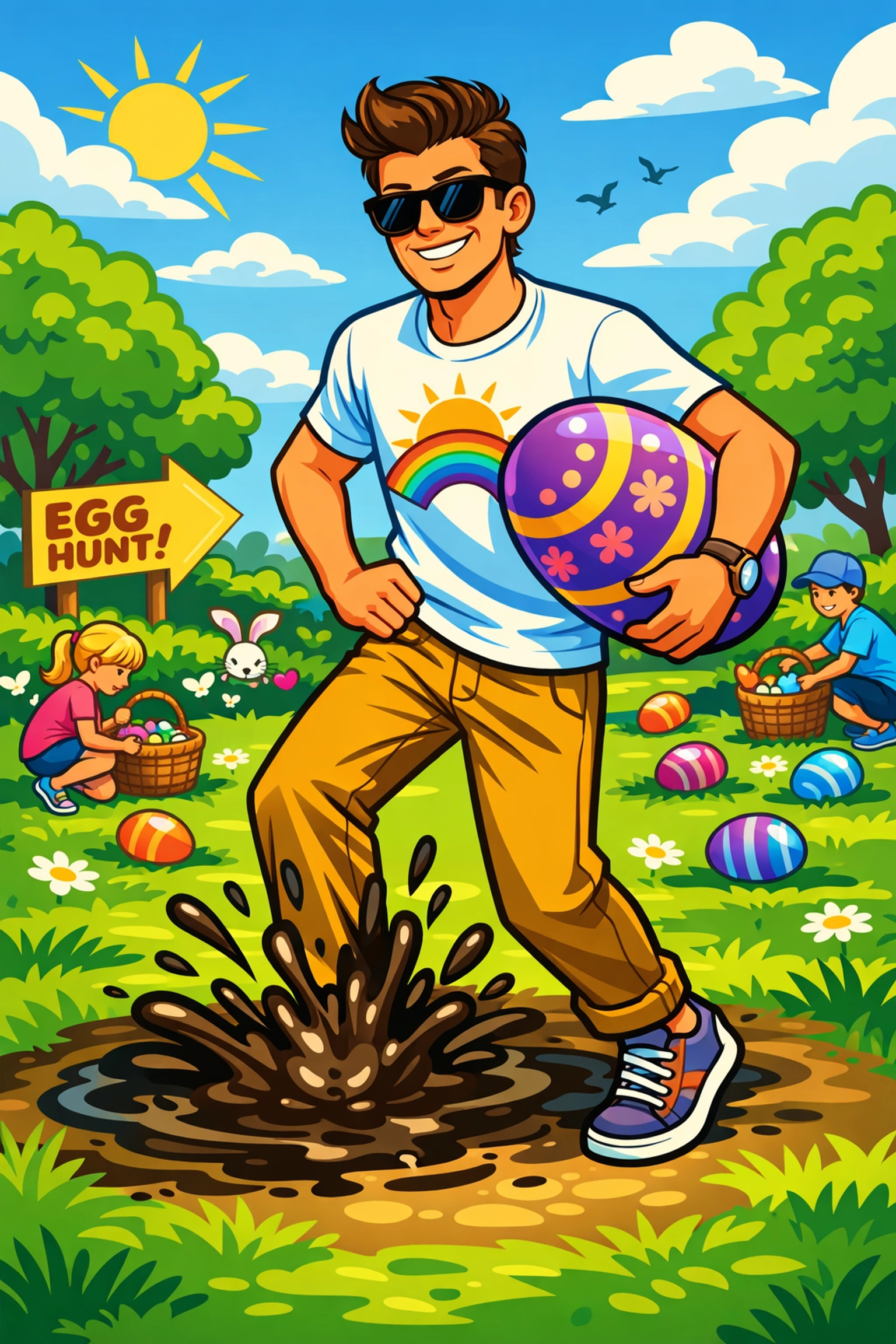 Man in a funny graphic t-shirt stepping in a mud puddle during a competitive Easter egg hunt in the park.