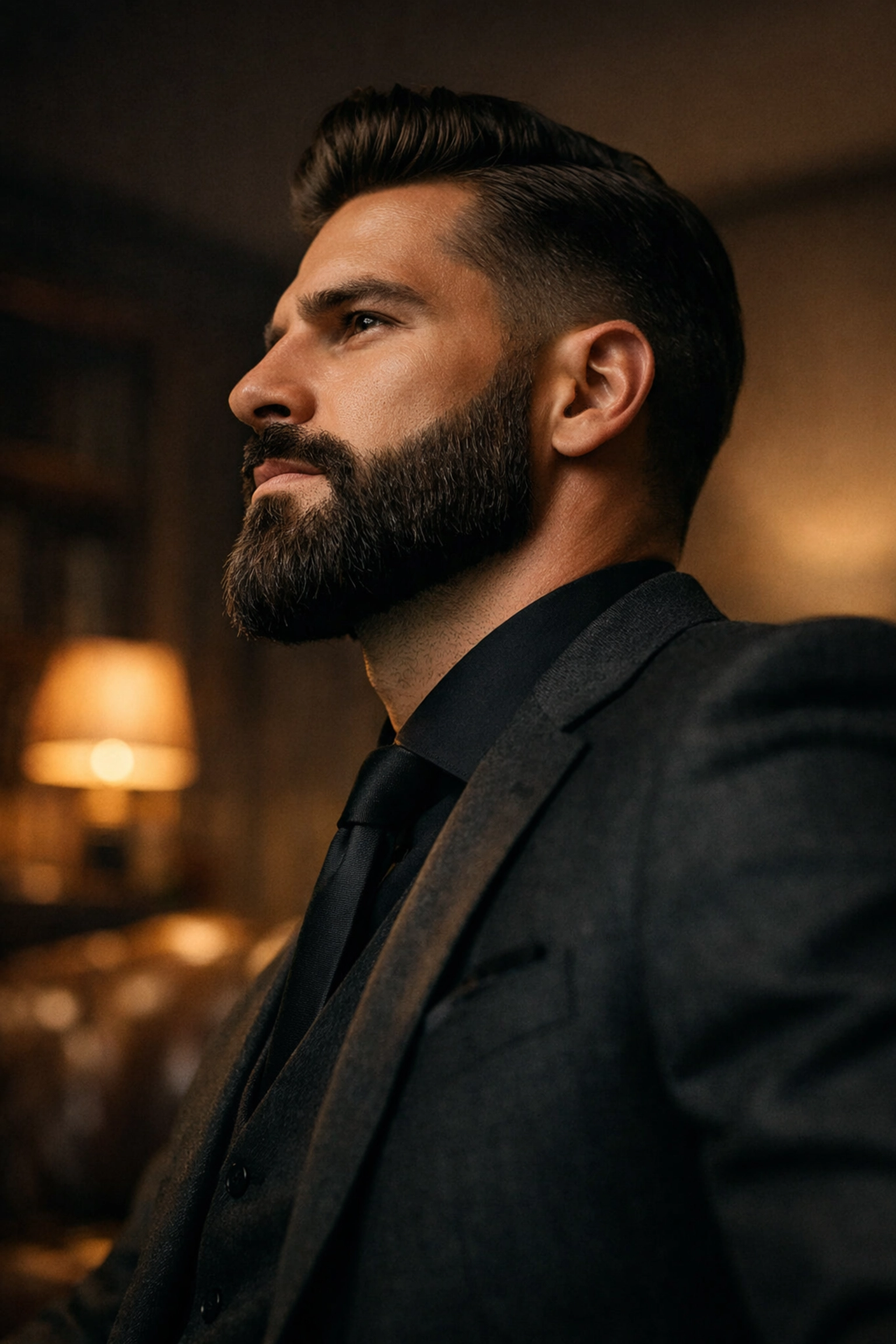 A man with a perfectly groomed beard and matte finish showing the hold of high-performance wax.