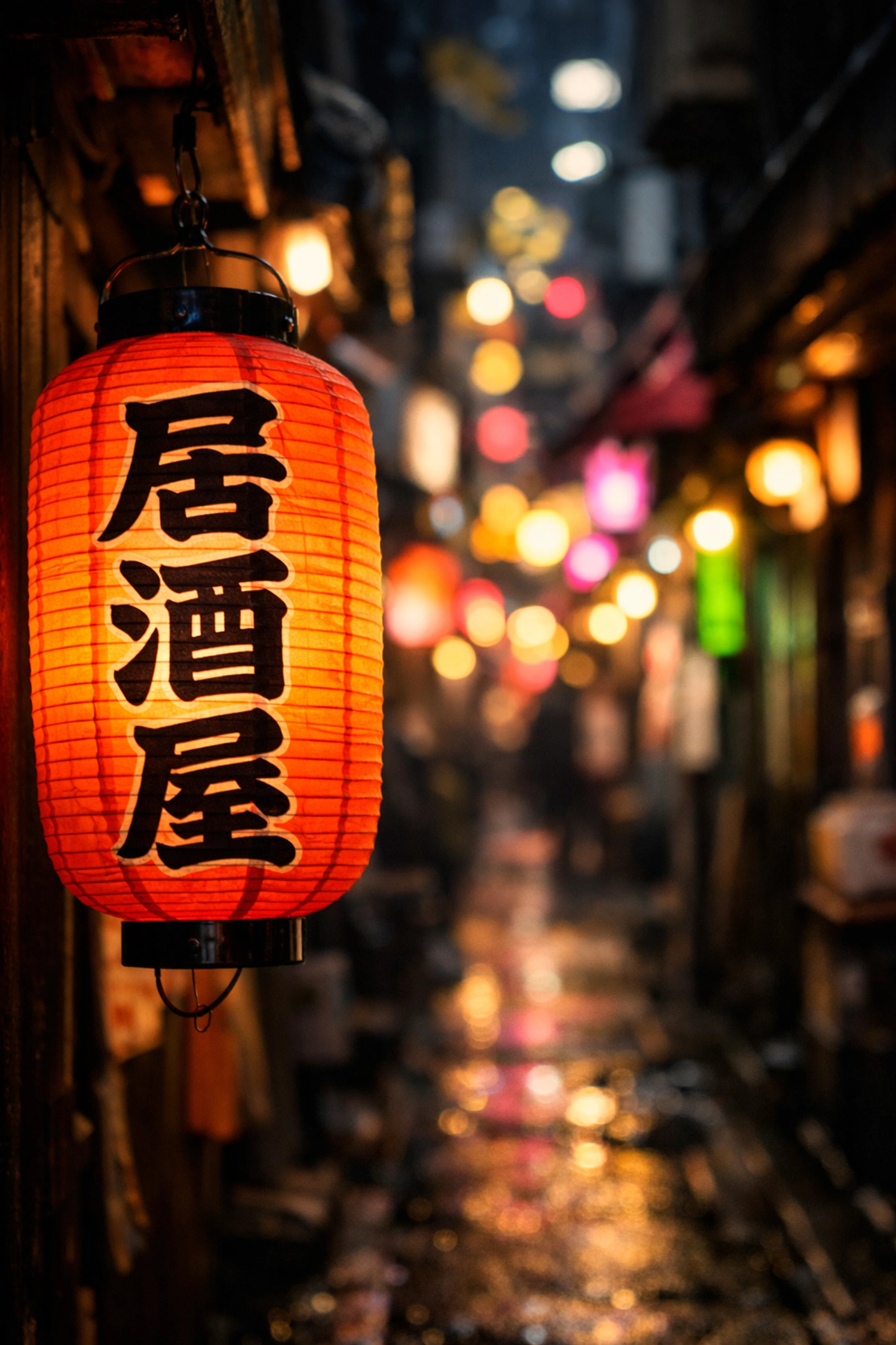 Low-light photography of a traditional lantern in a hidden Tokyo alleyway.