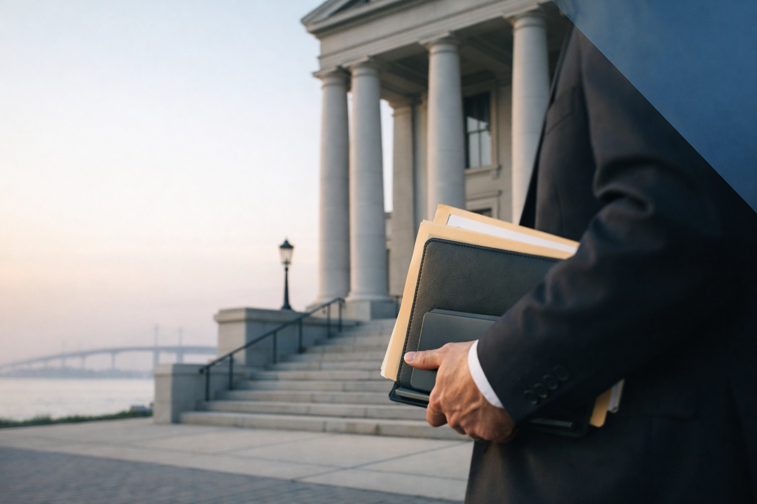 Legal professional at a Hampton Roads courthouse preparing for a child custody hearing.