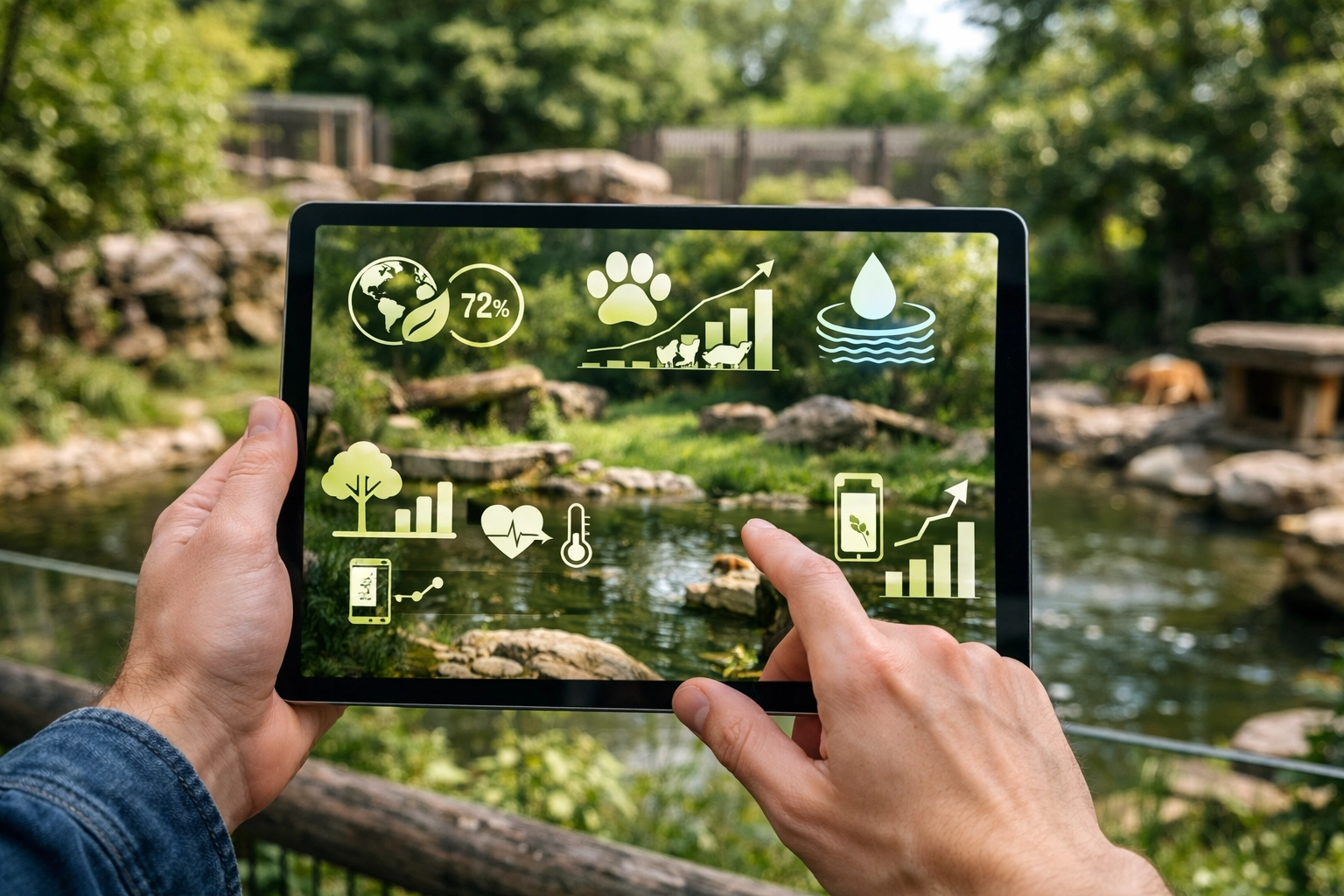 Visitor using an augmented reality tablet to interact with a smart zoo digital education platform.