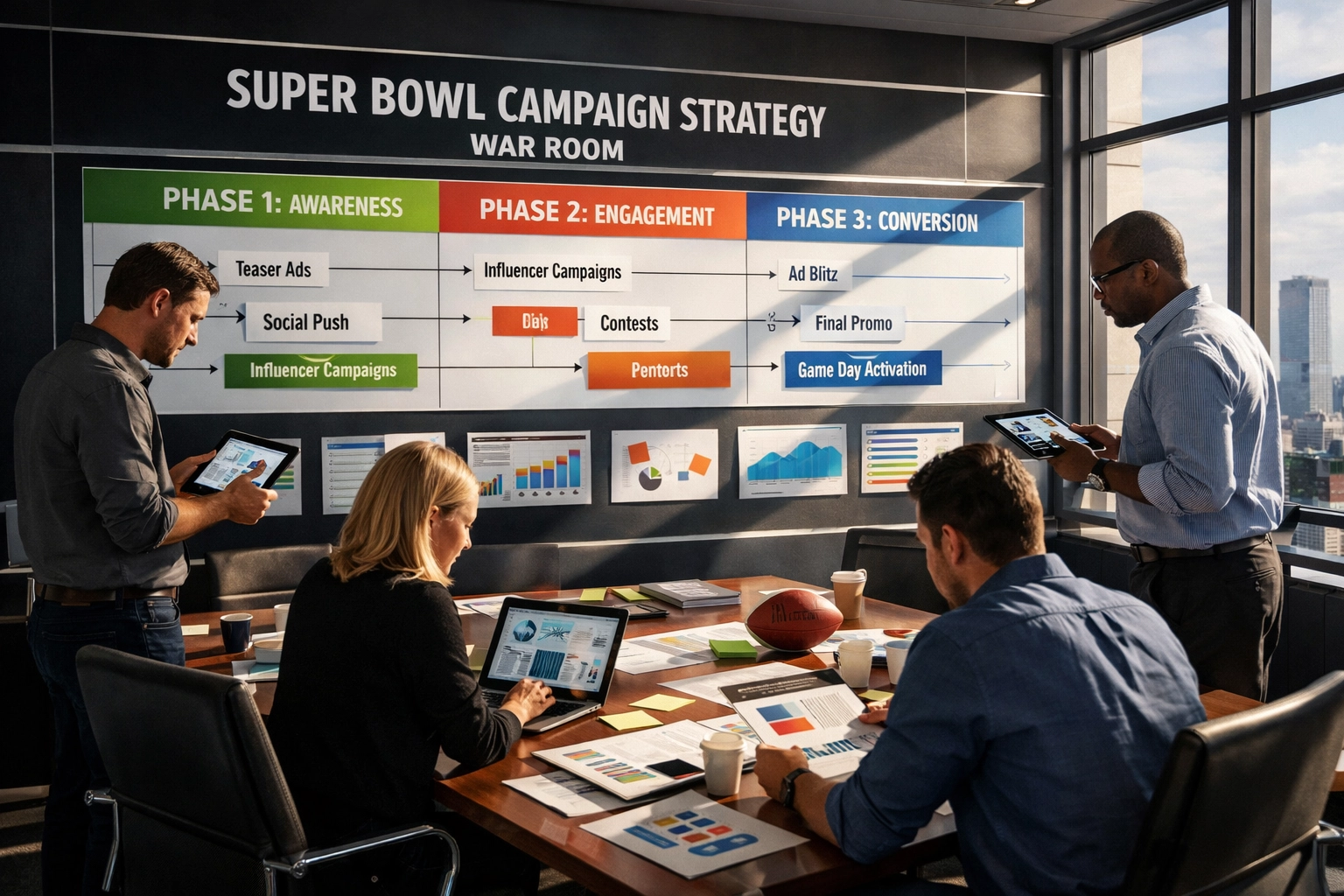 Marketing team planning three-phase Super Bowl advertising campaign strategy with timeline