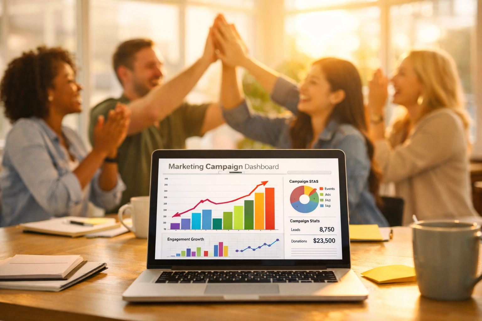 Nonprofit team celebrating successful cause marketing campaign with rising growth metrics
