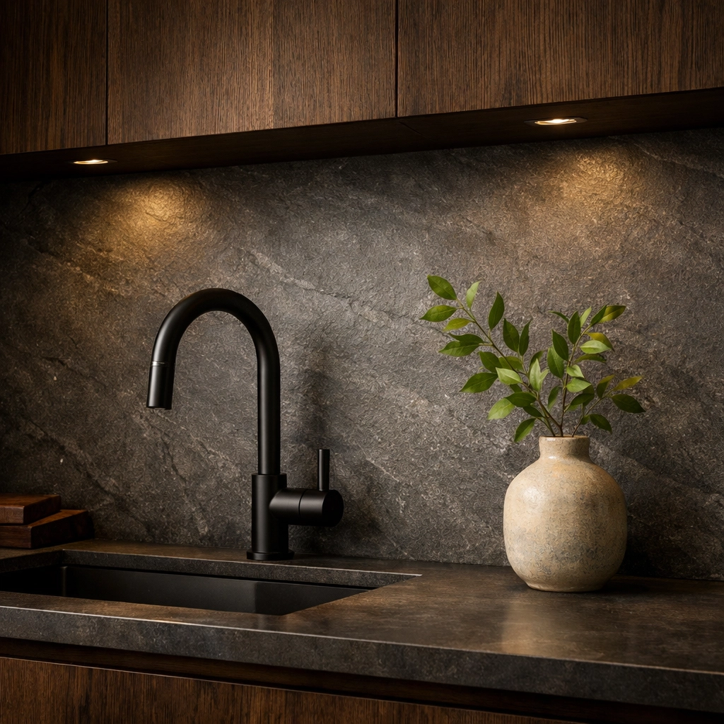 Modern kitchen remodeling Bay Village showing a matte gray slate slab backsplash and black hardware.
