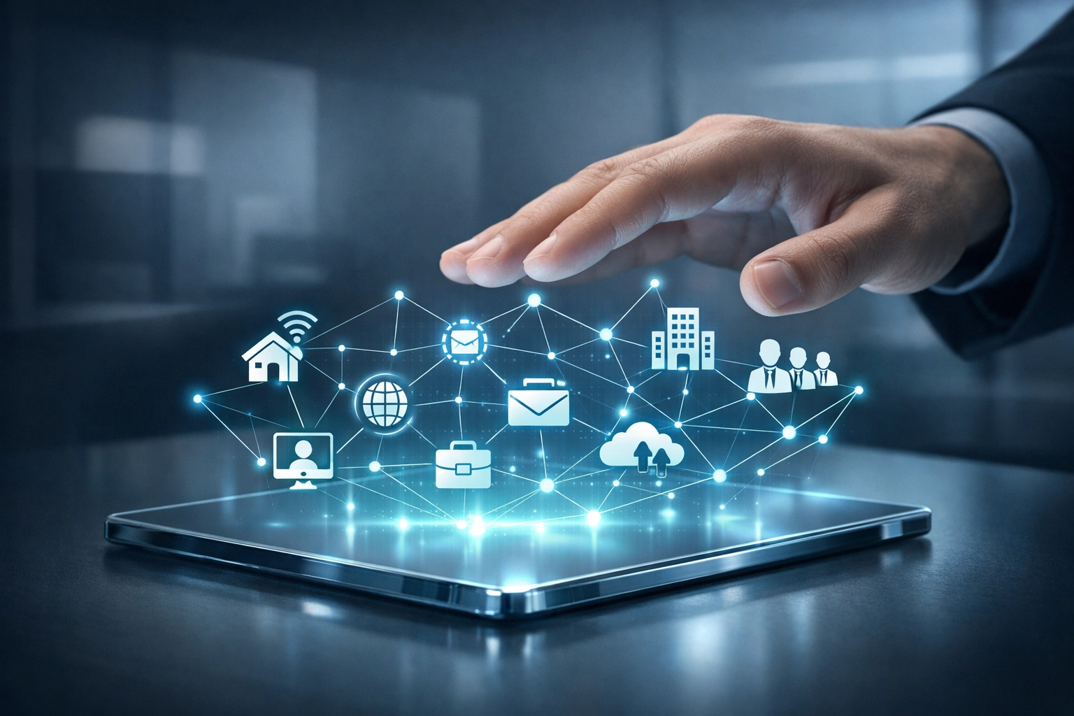 Digital network interface representing managed IT help desk services and business connectivity.
