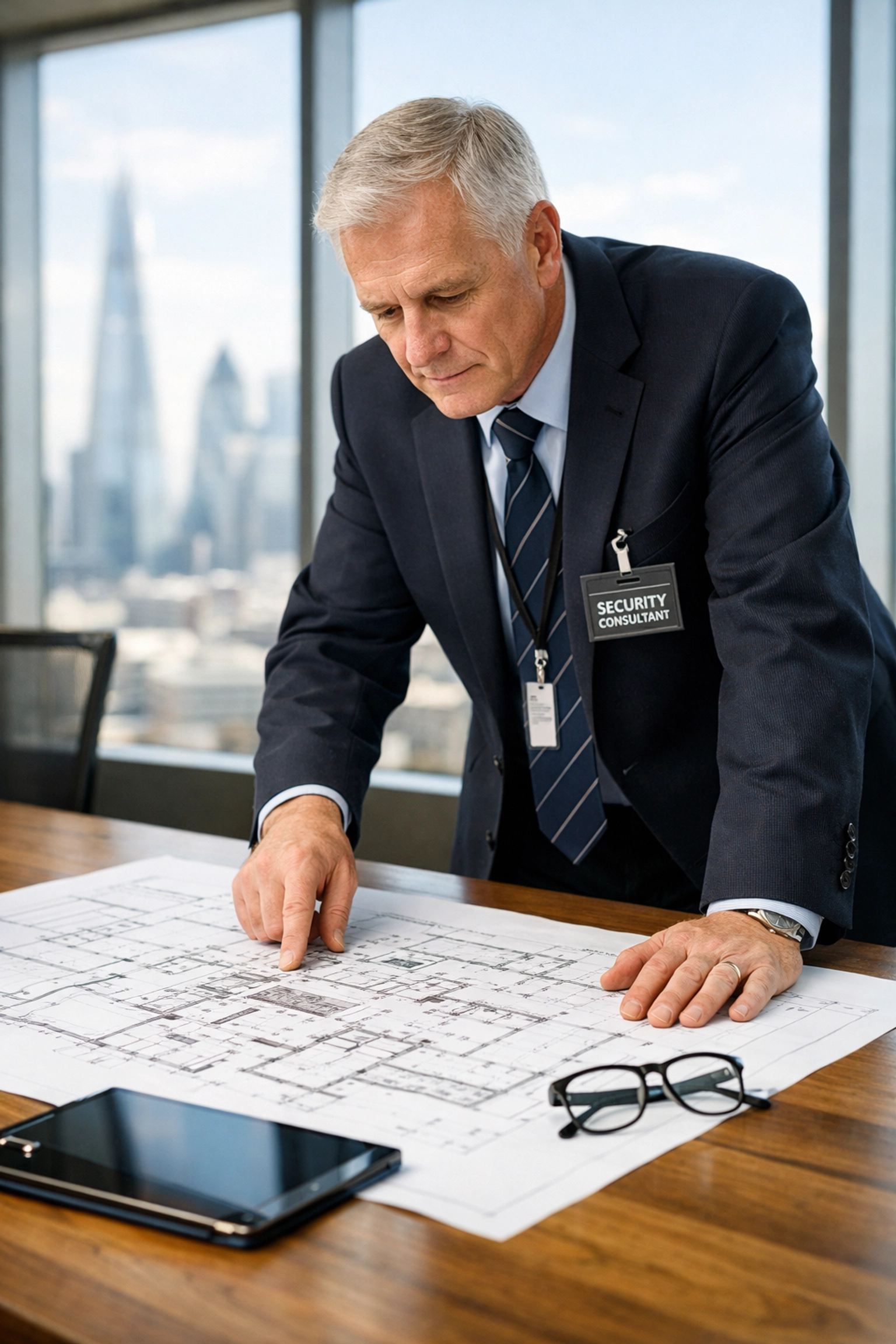Professional security consultant reviewing venue floor plans for Martyn's Law compliance in London.