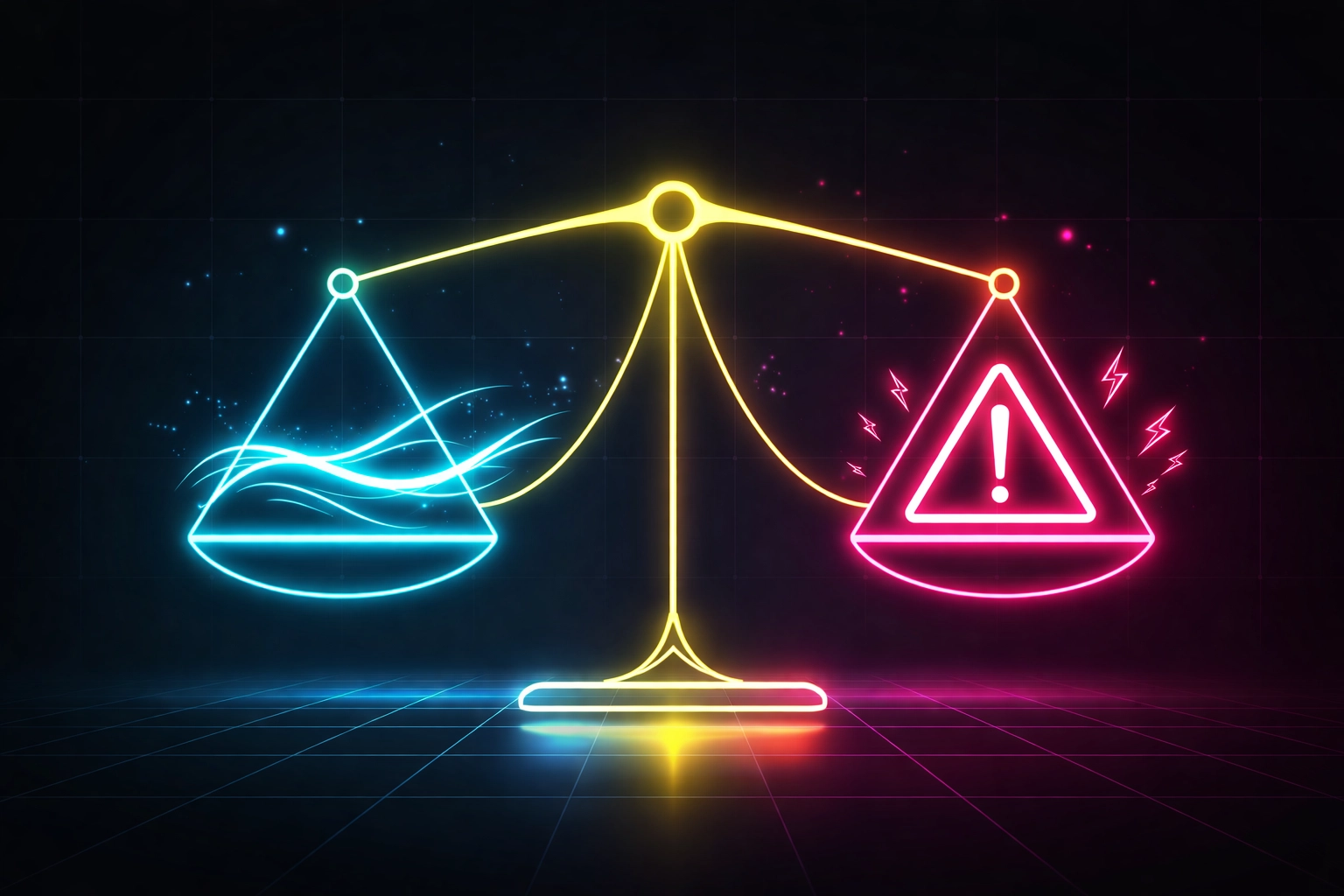 Neon illustration showing balanced scales, representing agentic AI efficiency and risk management in enterprise AI governance.