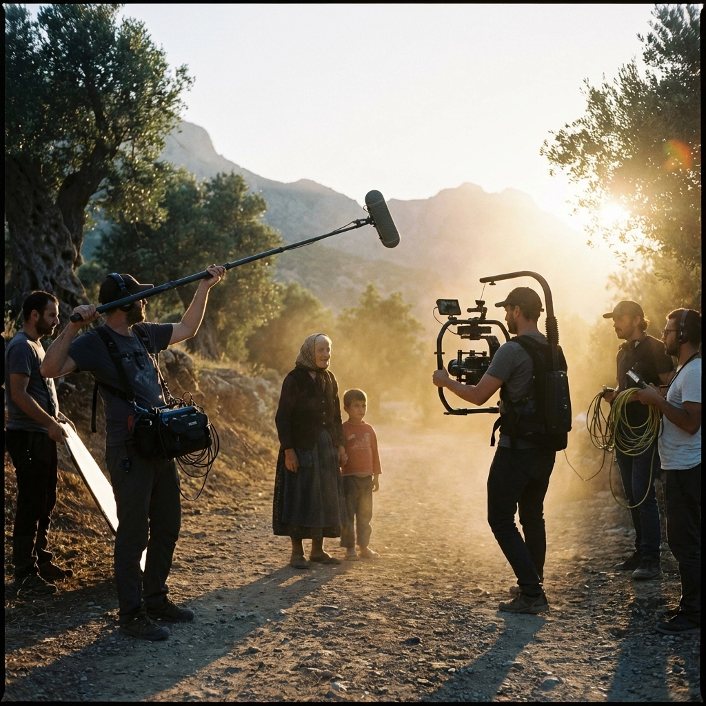 Film crew on location during golden hour, showcasing teamwork and attention to sound quality in documentary production.