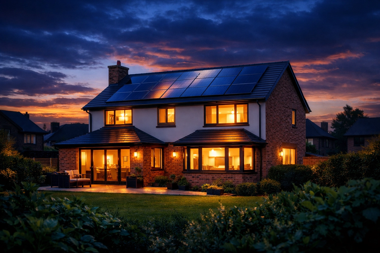 Modern home with solar panels providing energy security against rising global oil prices.