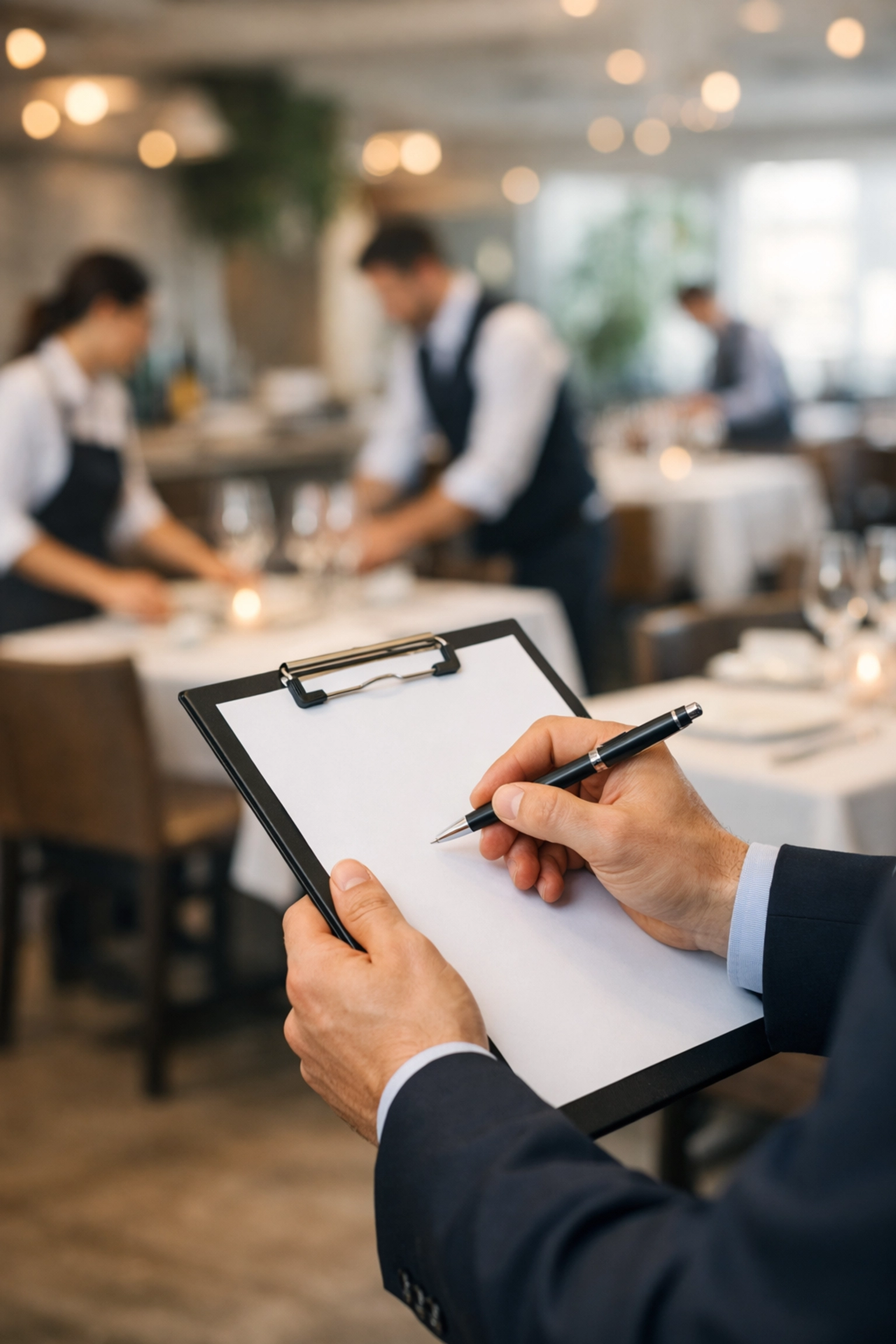 Restaurant manager conducting a safety inspection with a clipboard for risk management documentation.