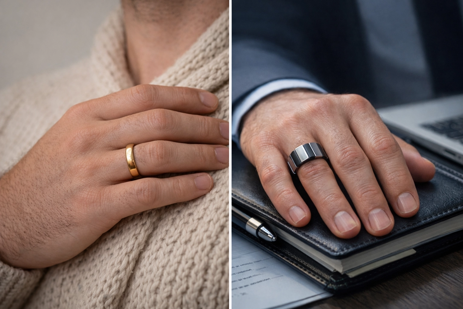 Men's wedding band on the left hand compared to a bold fashion ring on the active right hand.