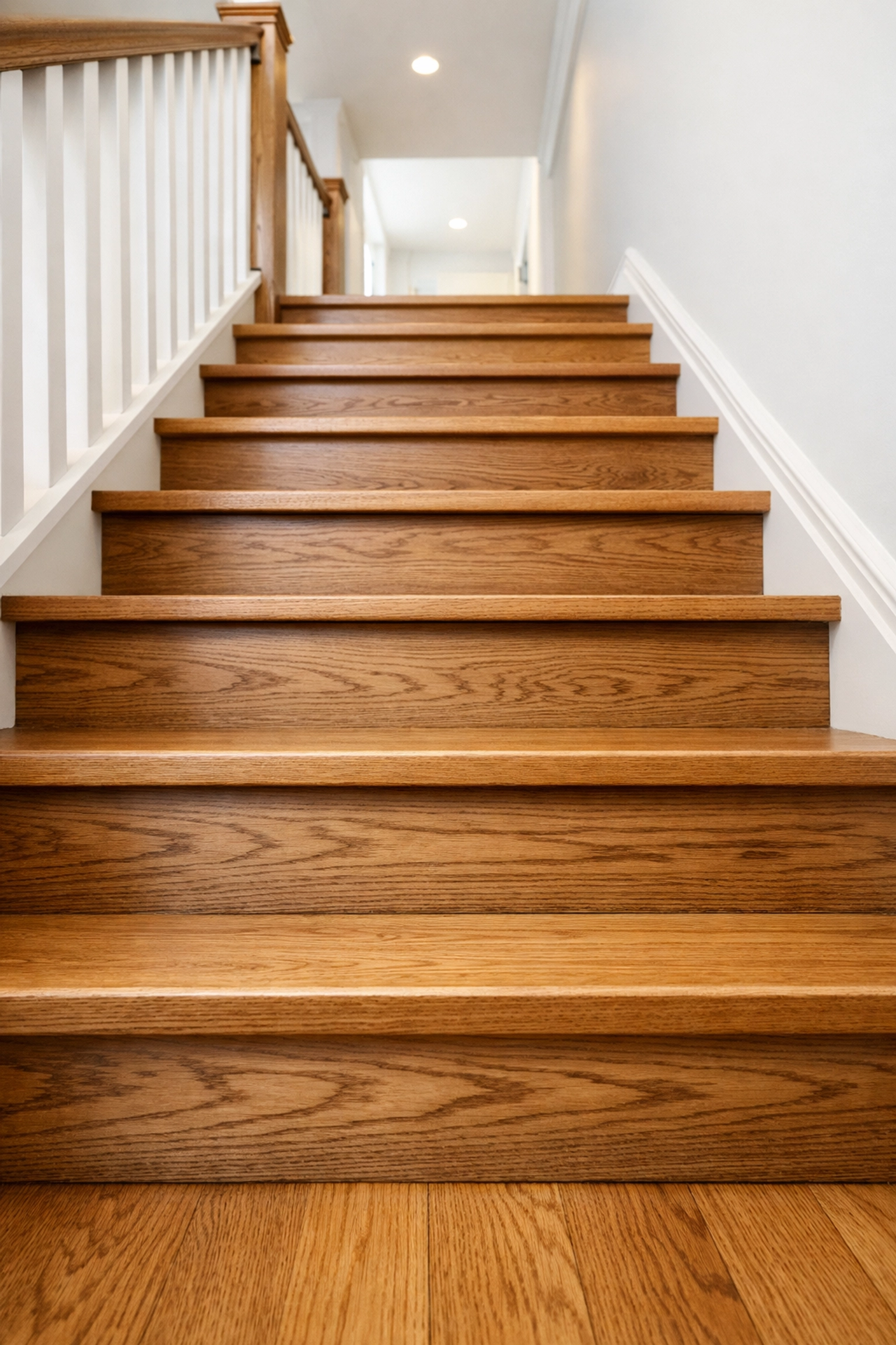 Sturdy wooden stairs with even treads and clear lighting for safe indoor mobility.