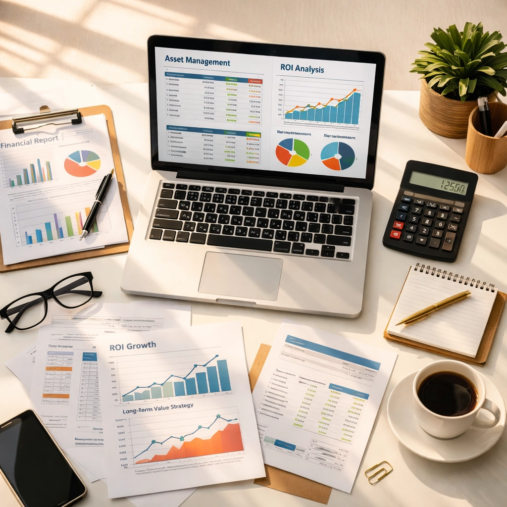 ITAM financial analysis workspace showing asset management ROI charts and cost optimization data
