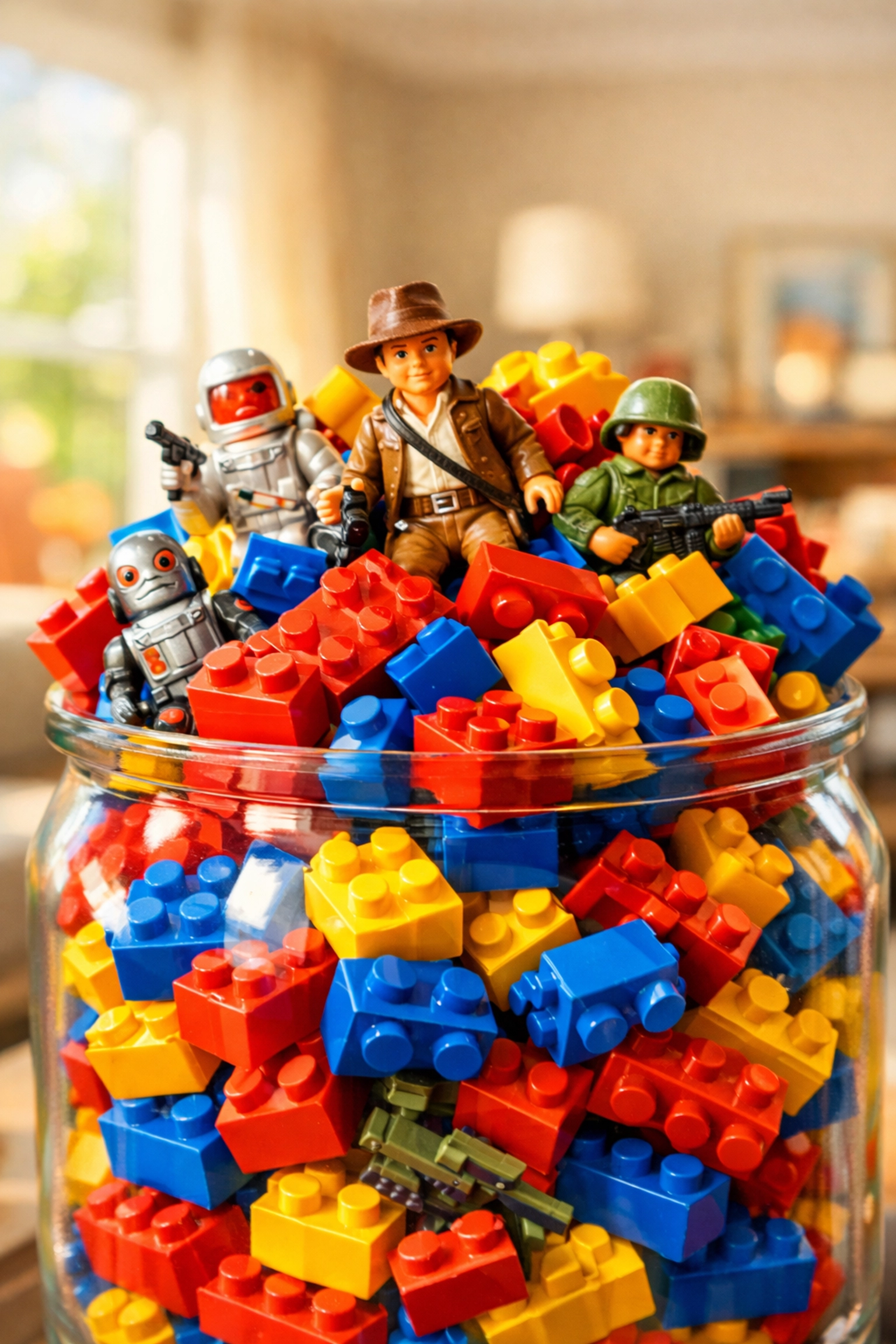 Colorful building blocks and vintage action figures ready to be sold by the pound as profitable eBay inventory.