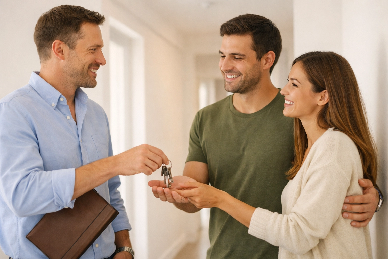 Property manager handing keys to happy tenants during lease renewal retention program