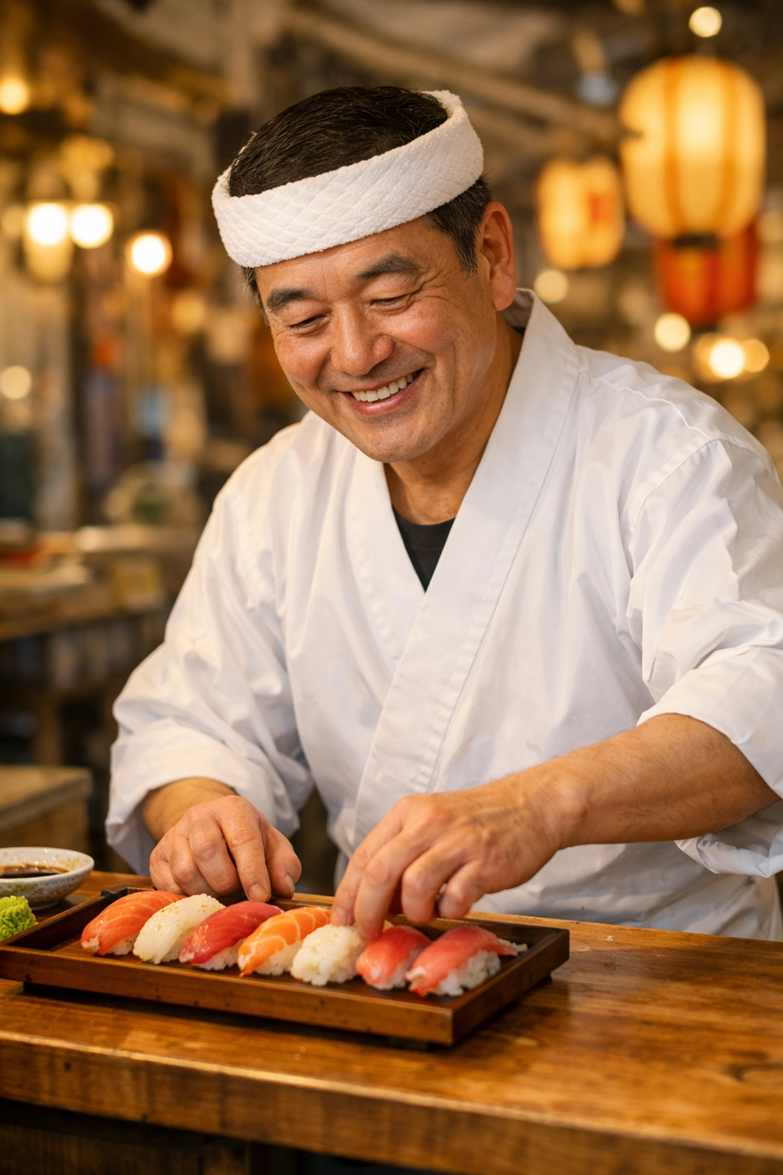 Professional sushi chef preparing fresh Nigiri at Tsukiji Outer Market, a top spot for Tokyo food photography.