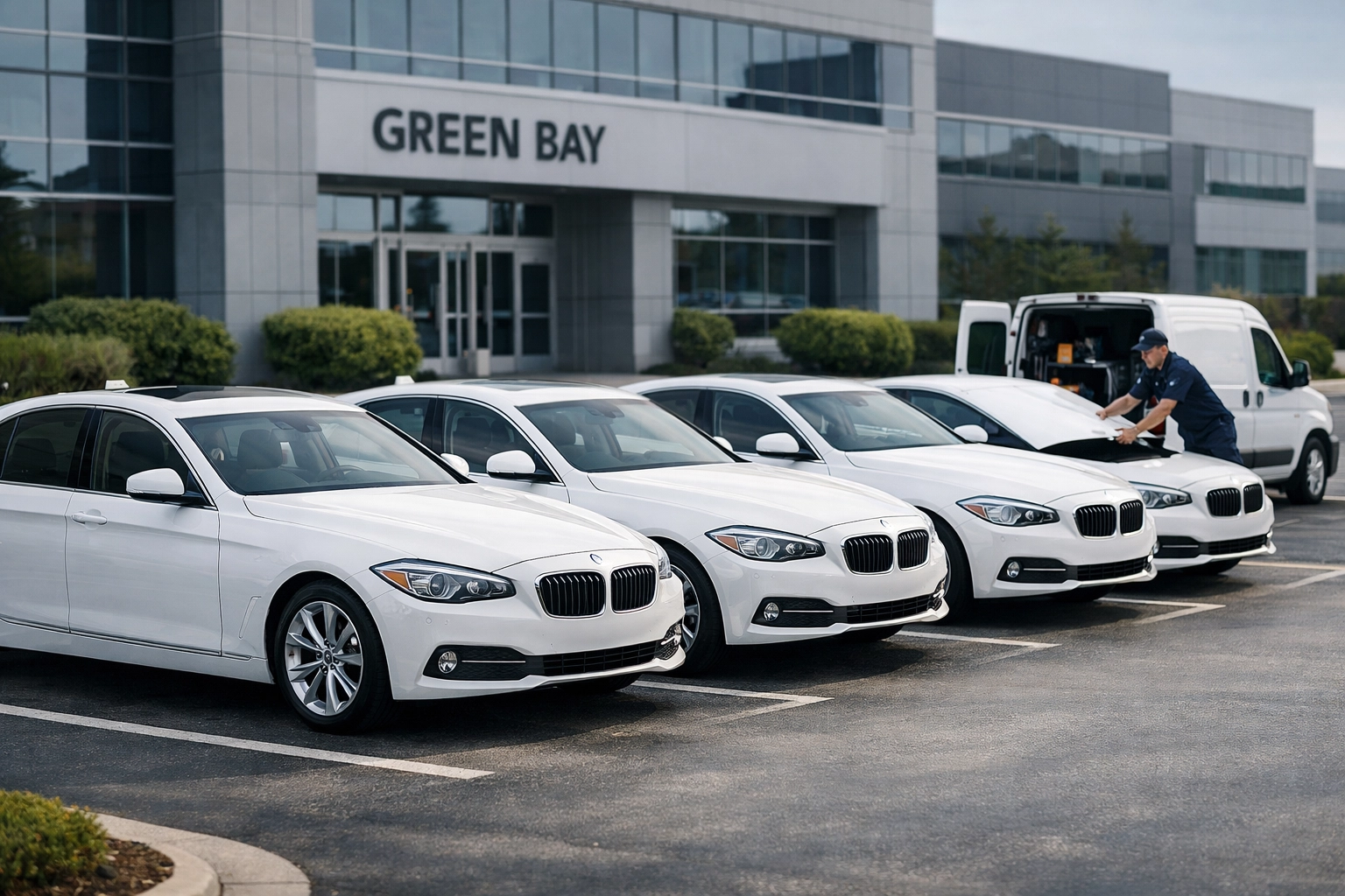 A mobile mechanic finishing maintenance on a corporate vehicle fleet at a Green Bay office complex.
