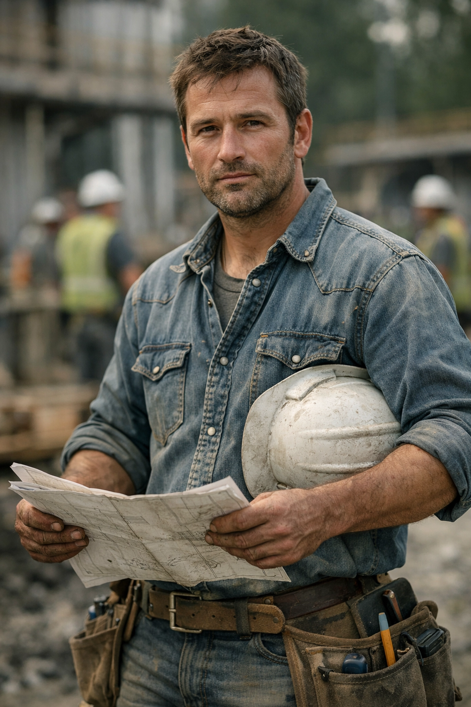 Rugged construction foreman Jake holds blueprint in blue collar white collar MM romance