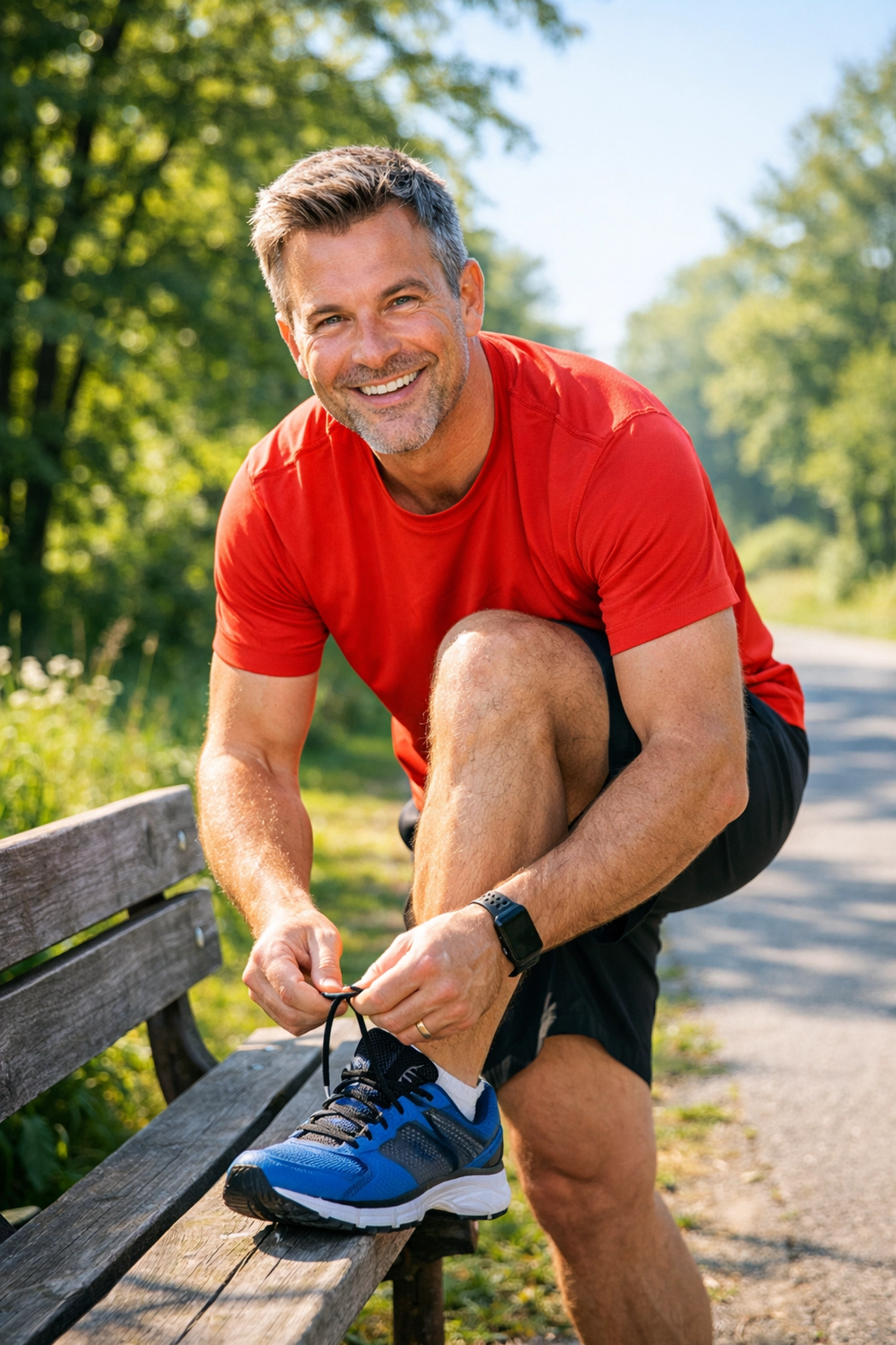 A healthy man tying his running shoes, illustrating the increased mobility from medical weight loss.