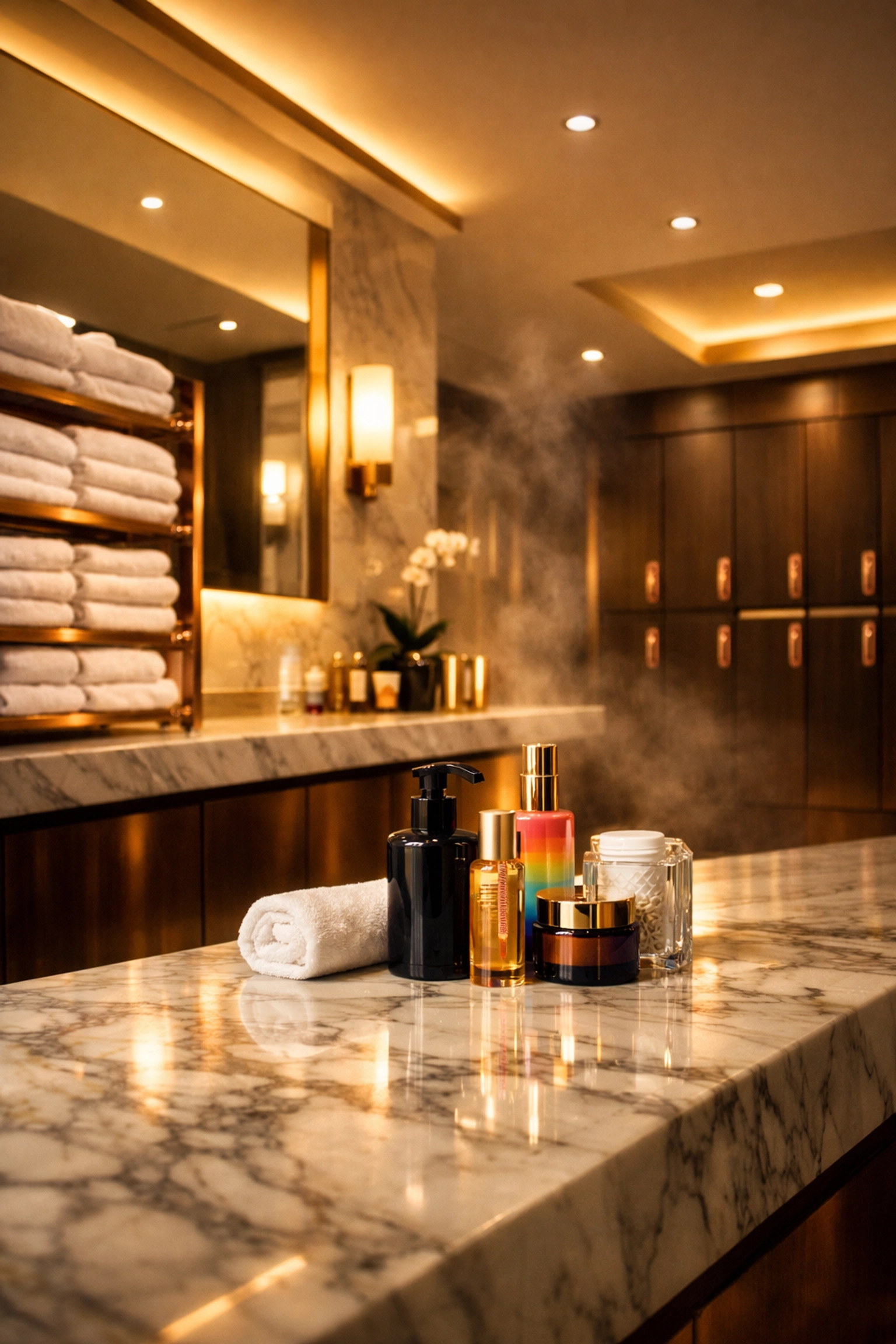 Luxury London gym changing room with marble counters and premium amenities