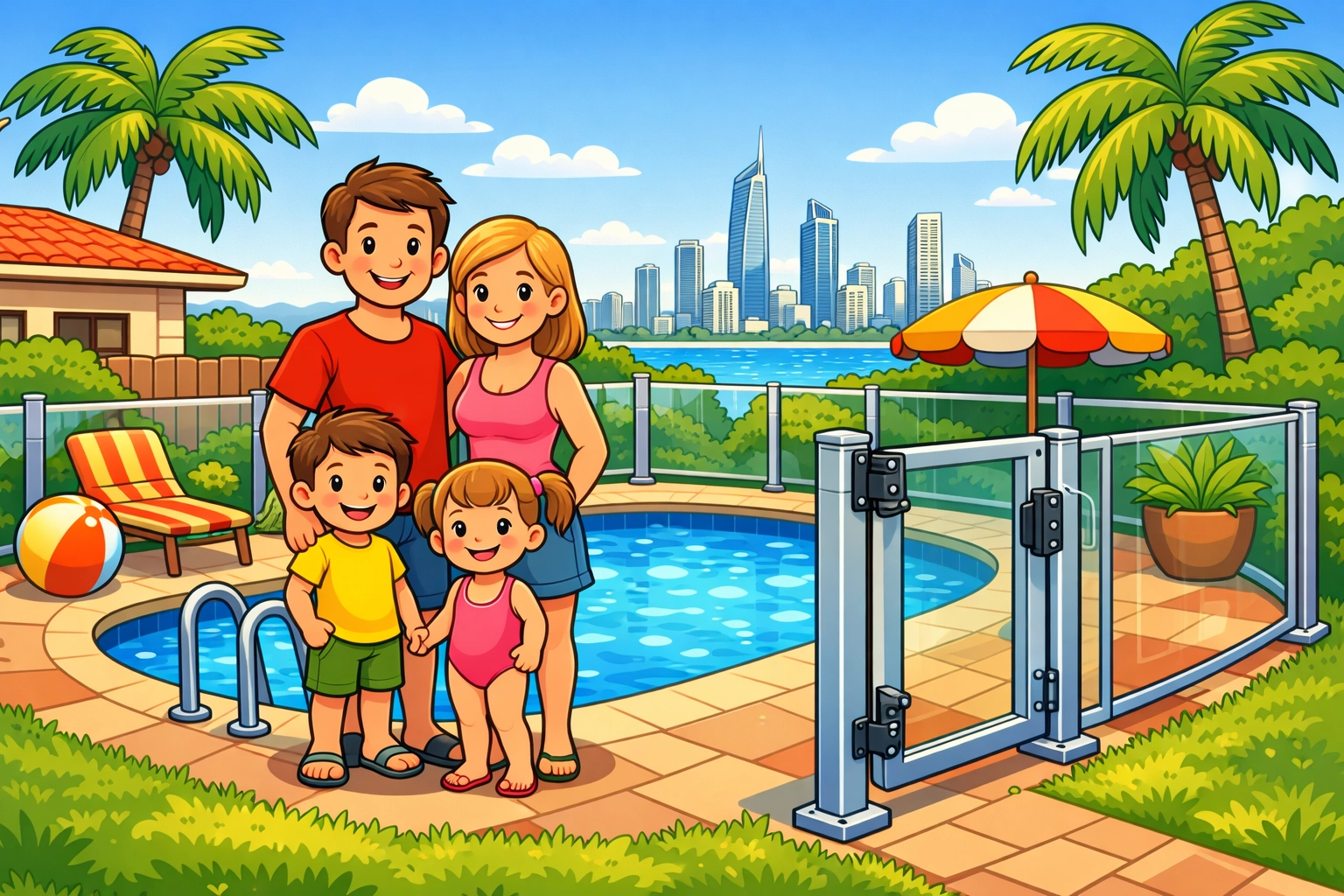 Compliant pool fence and safety gate in Gold Coast backyard with family enjoying safe swimming area