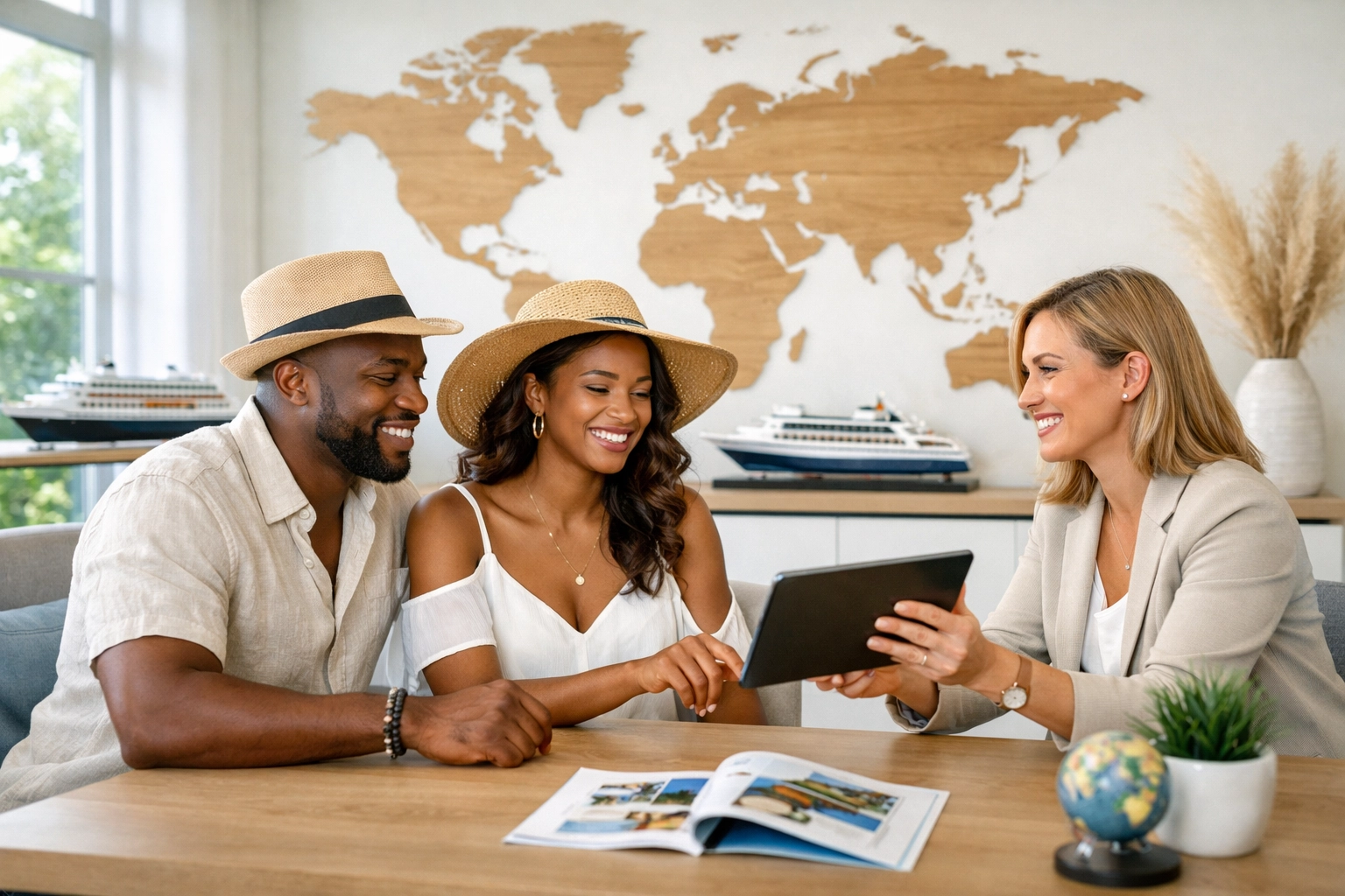 Black couple planning luxury cruise deals with an Omaha travel agent in a bright, professional office.