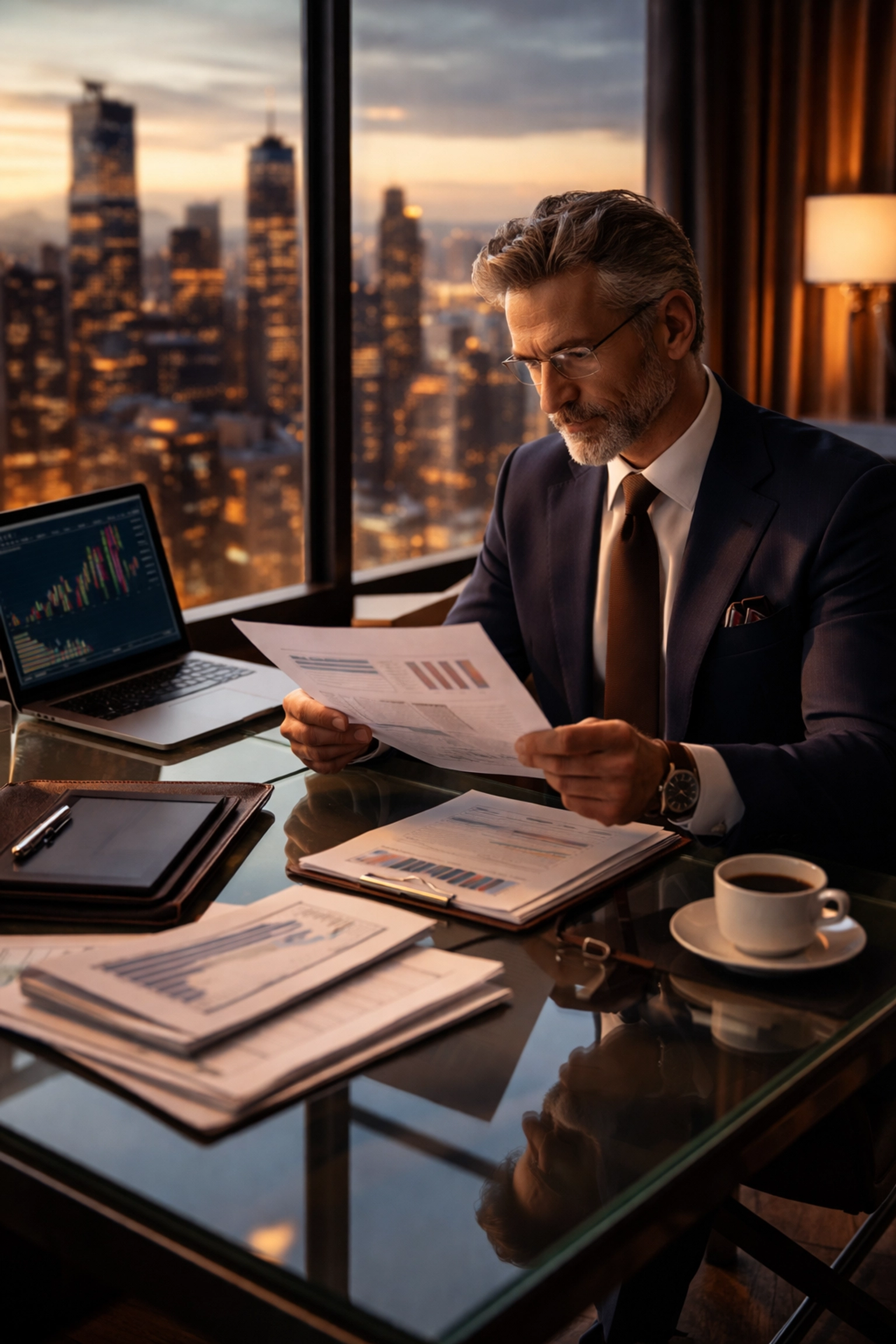 Accredited investor reviewing financial documents in modern office with city skyline, representing private equity access in 2026