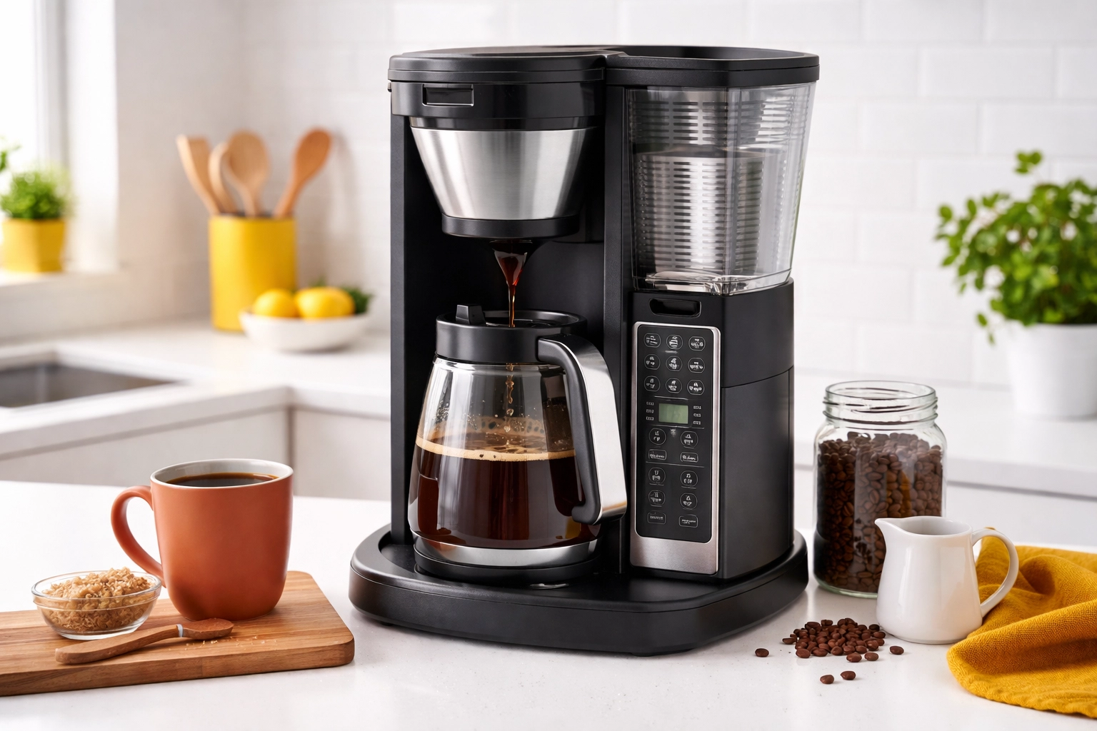 Specialty drip coffee maker brewing fresh coffee on a clean kitchen counter, realistic (not hyper-realistic) product photo with vibrant accents.