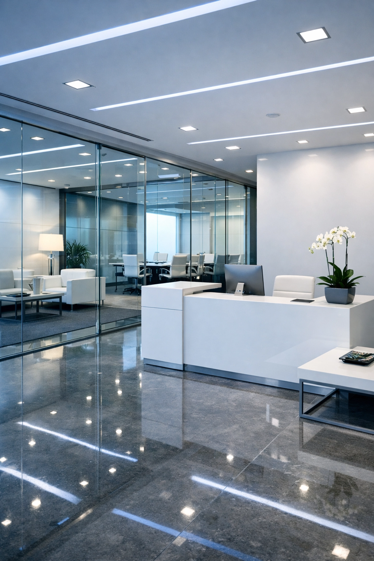 Modern office reception in Medfield featuring polished floors and clean glass partitions for local businesses.
