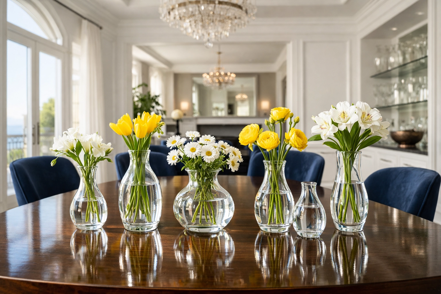 Sparkling clean glass flower vases on a dining table, showcasing professional home cleaning results.