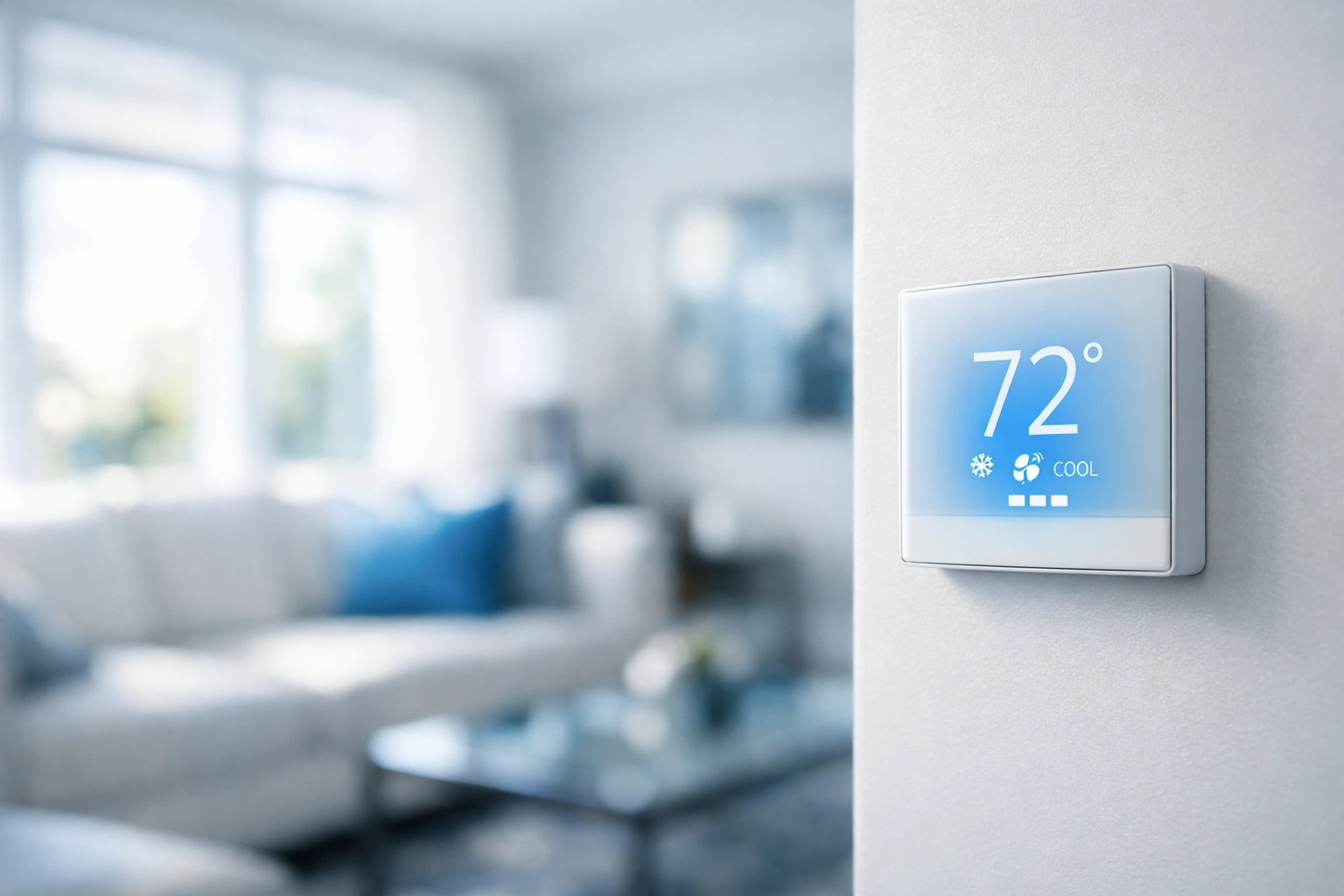 Modern digital thermostat on a living room wall, managing home temperature and air conditioner maintenance.