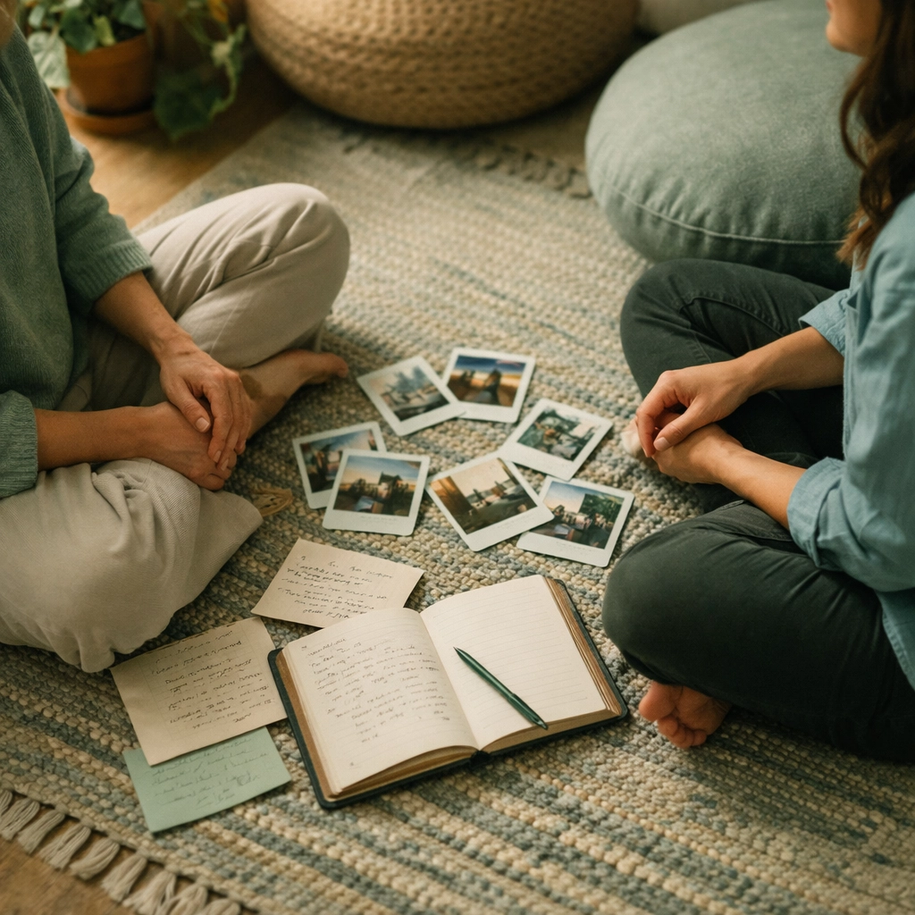 Two people in deep conversation with journals and photos, illustrating intentional communication in relationships