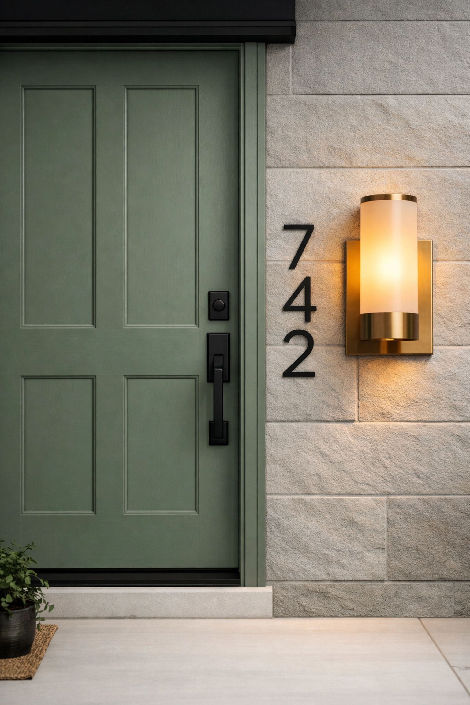 Modern sage green front door with matte black hardware and designer lighting for a Denver home.