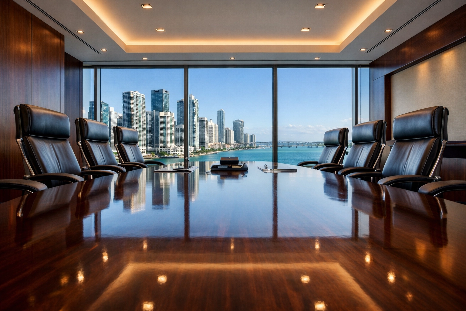 Professional brand photography in a Brickell boardroom with Miami skyline views, showcasing a commercial business look.