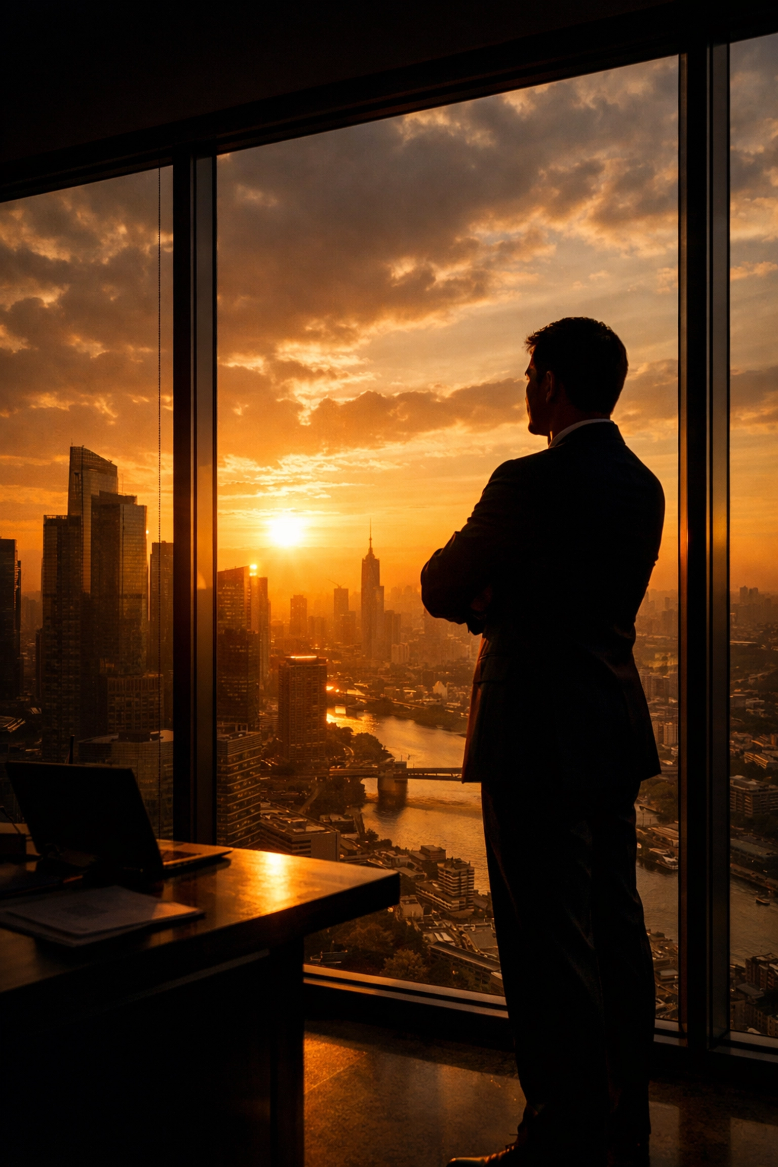 Business leader planning strategy while overlooking city skyline from office window