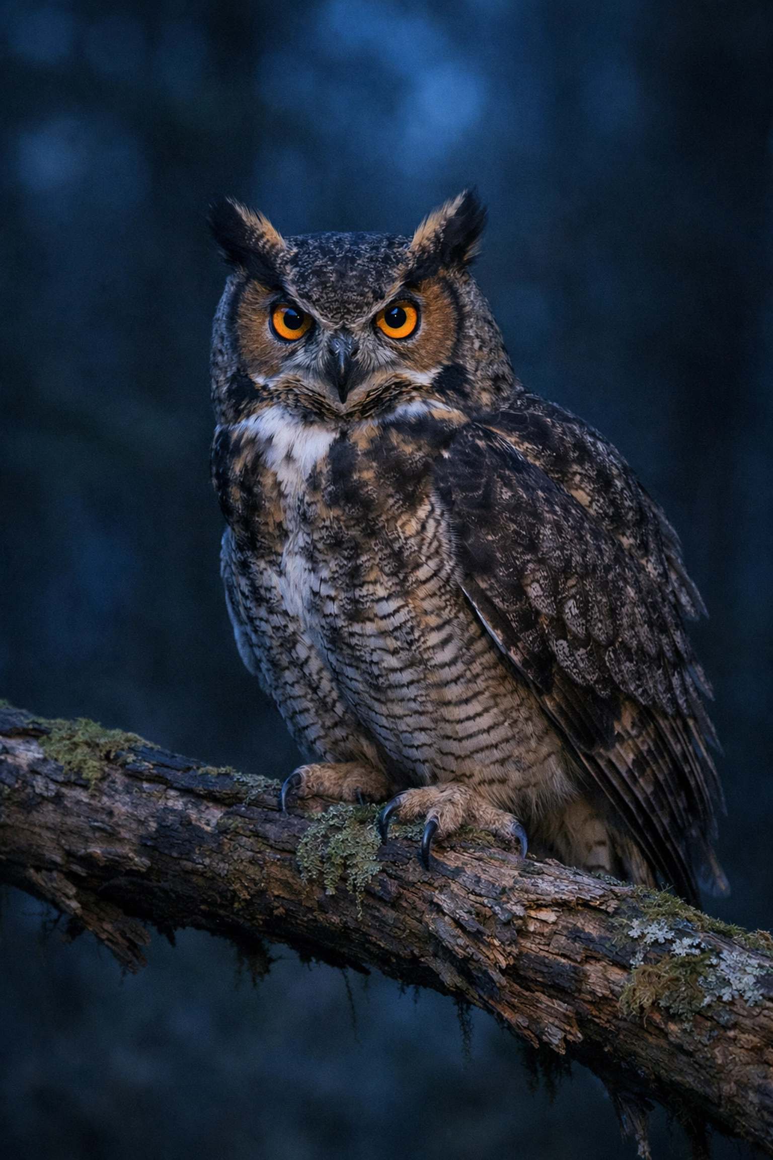 Great Horned Owl perched on a branch at twilight, showcasing nocturnal wildlife behavior.