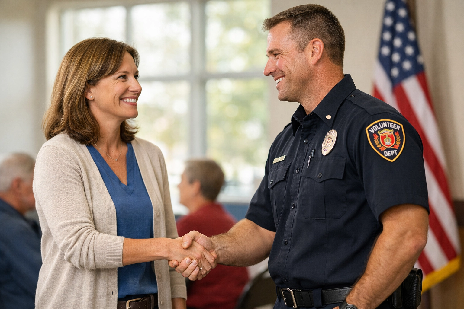 A teacher and firefighter shaking hands in a community hall, symbolizing local heroes and civic unity in America.
