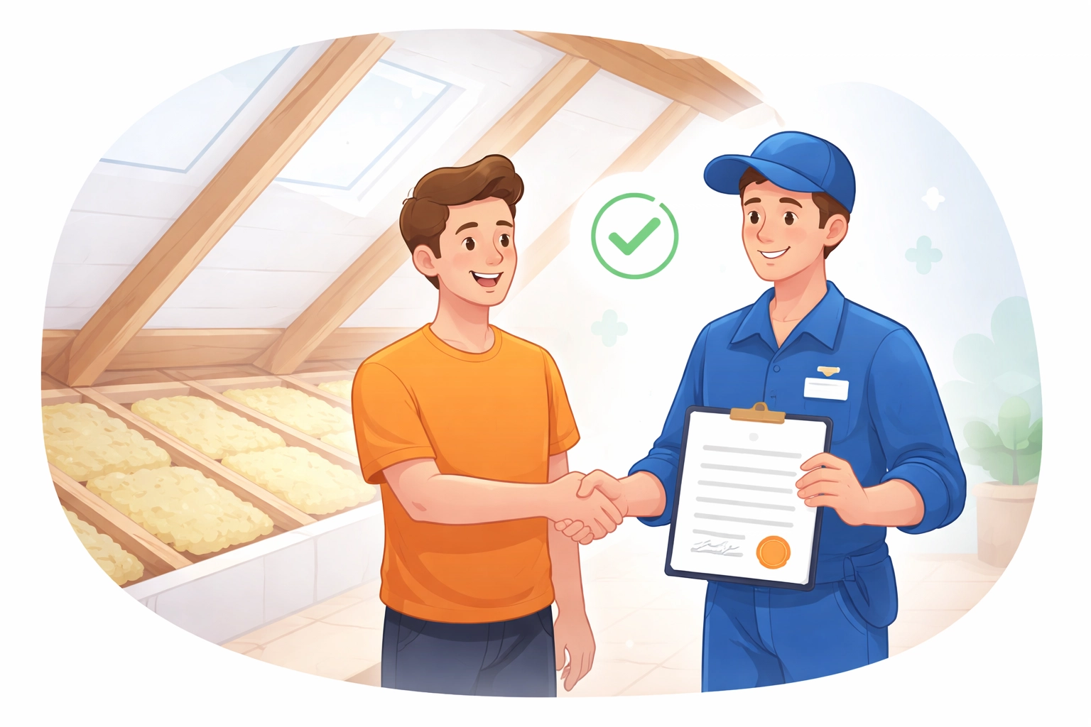 Homeowner receiving documentation after mineral wool loft insulation installation for mortgage compliance