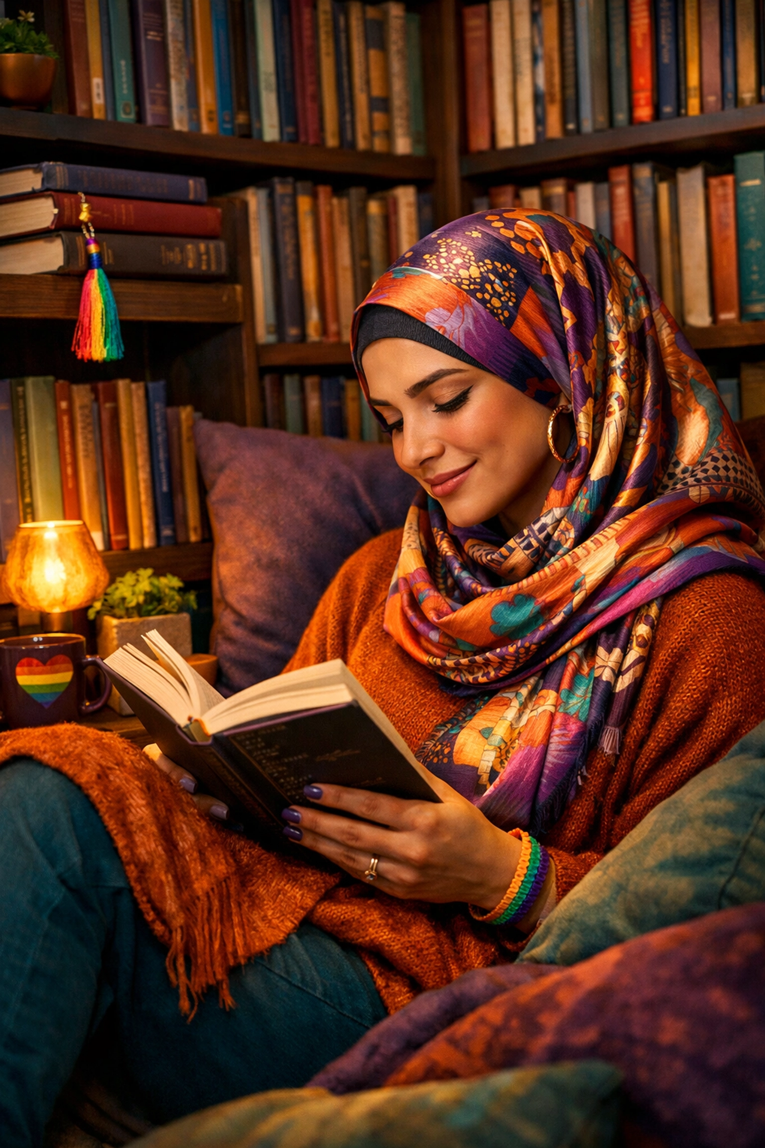 A queer Muslim woman in a hijab reads in a library, showing the beauty of LGBTQ representation in literature.
