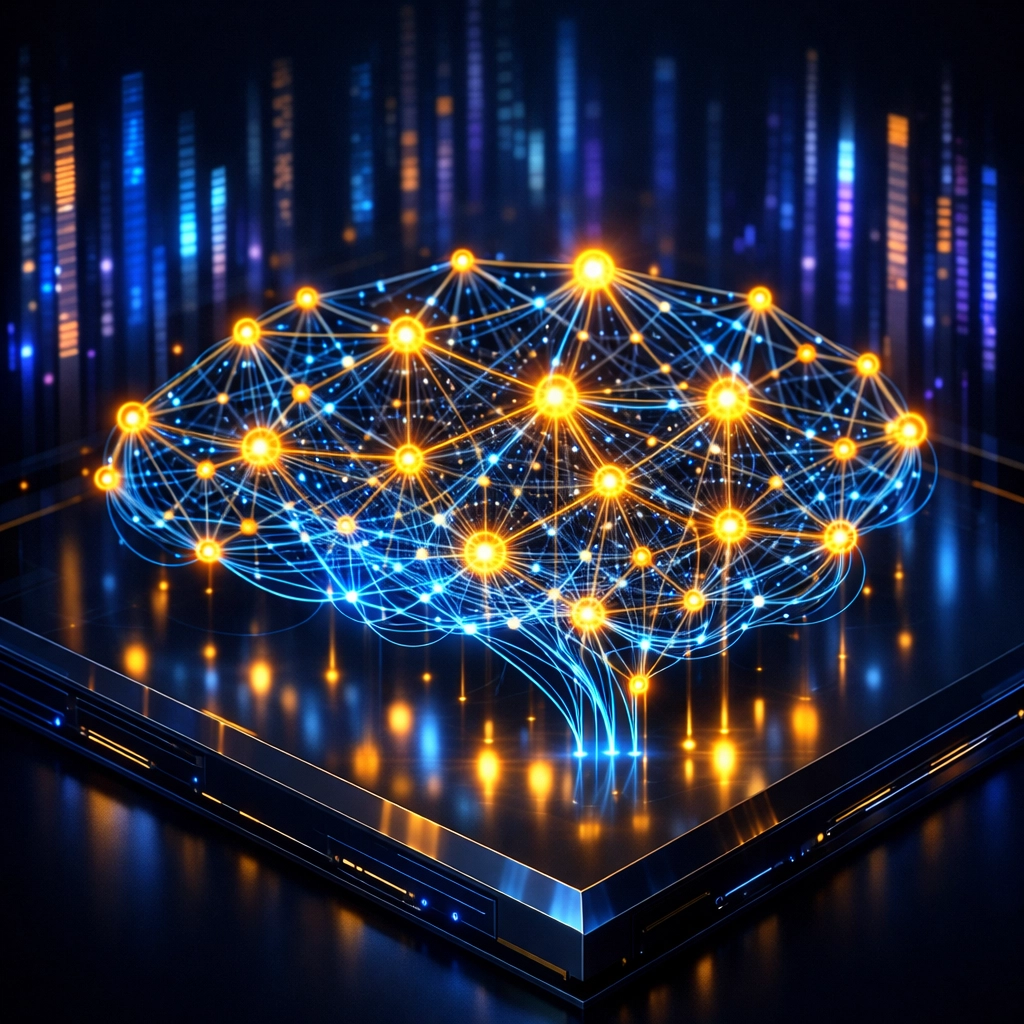 Digital neural network visualizing AI data processing and semantic clusters for audience intelligence.