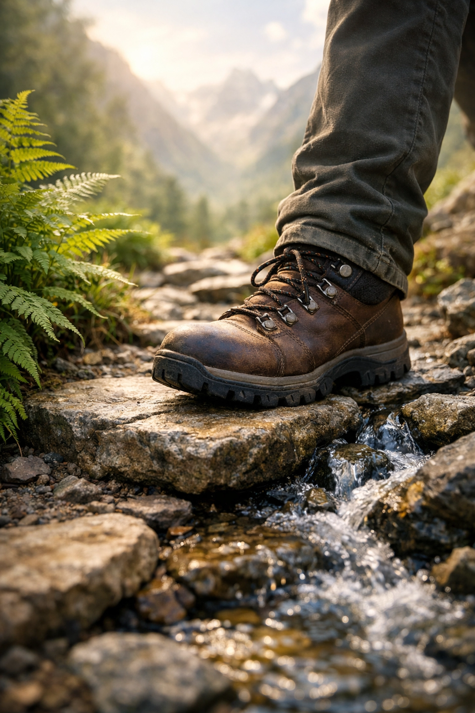 Sturdy hiking boots on a trail for guided hiking tours in the UK Lake District fells.