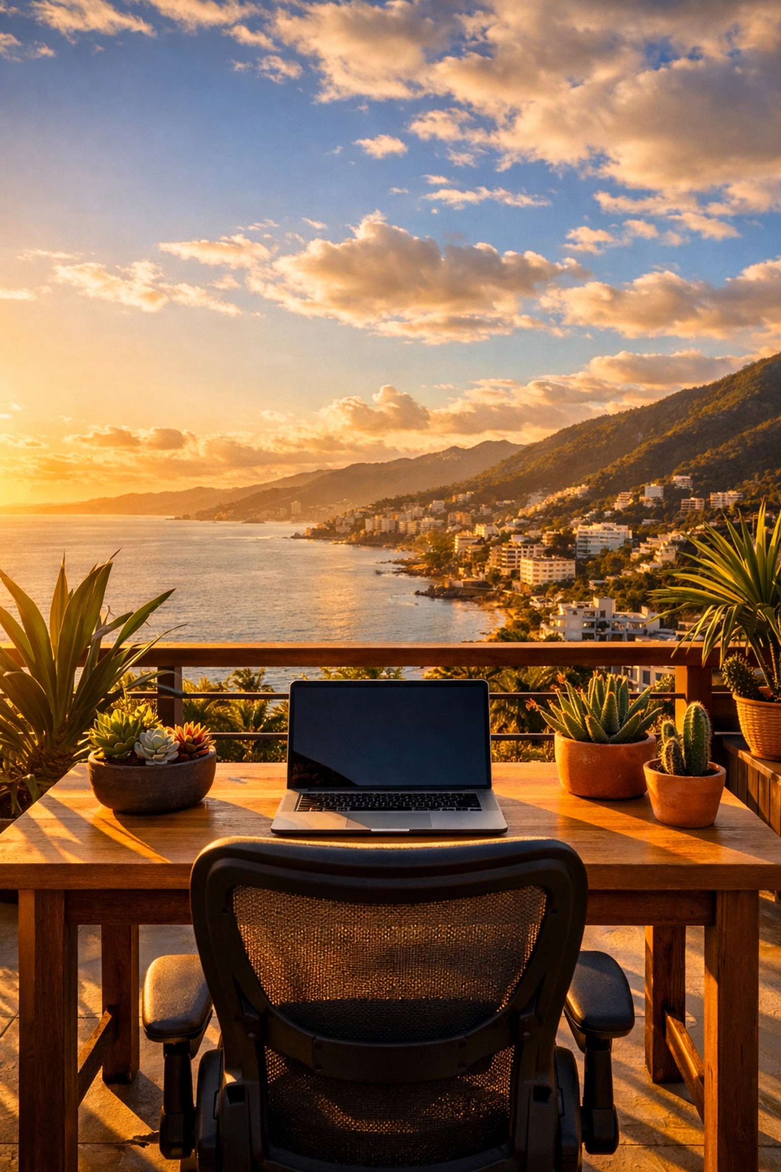 Puerto Vallarta rental balcony workspace with ocean and mountain views