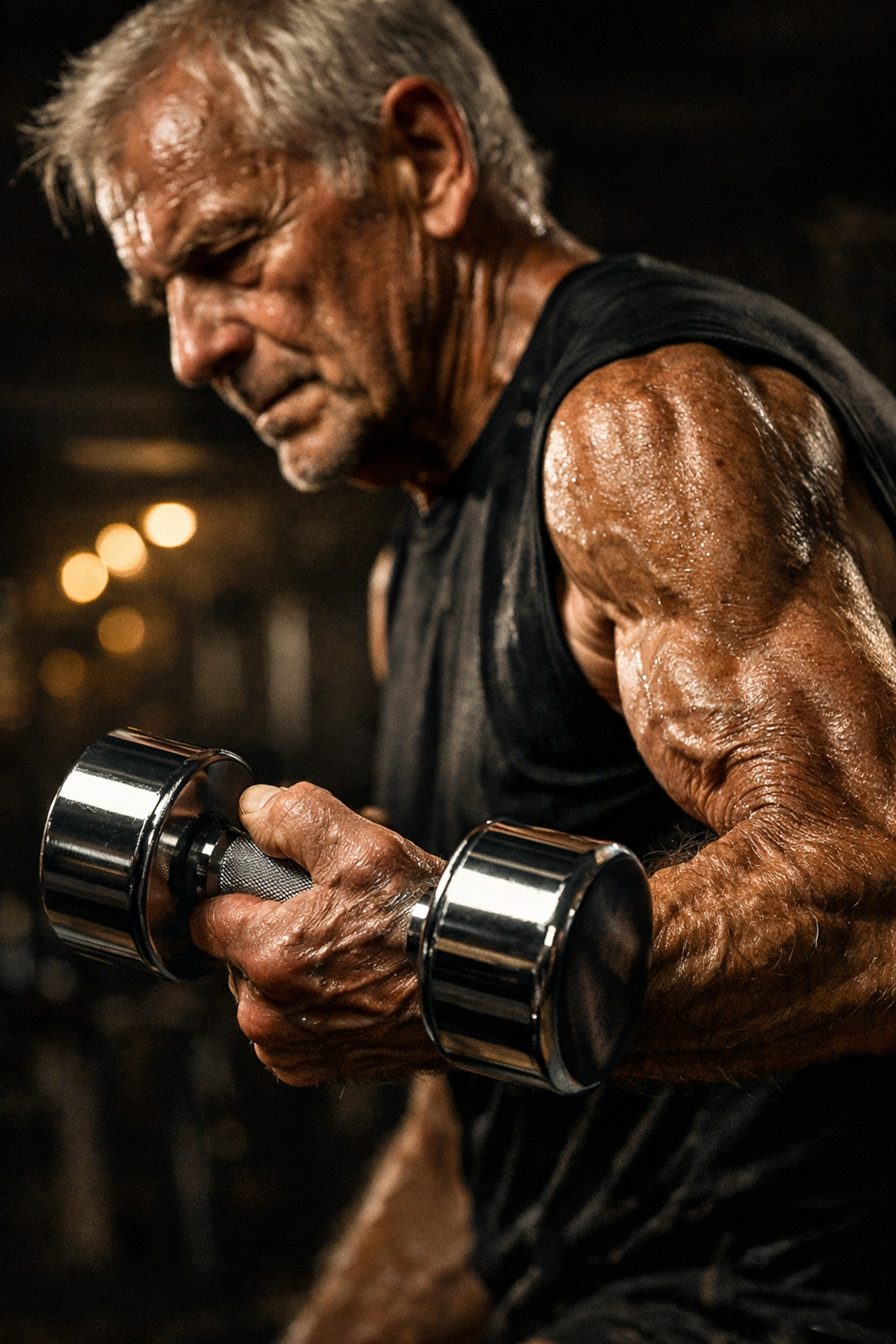 A senior athlete gripping a weight, highlighting muscle preservation to prevent sarcopenia and age-related muscle loss.