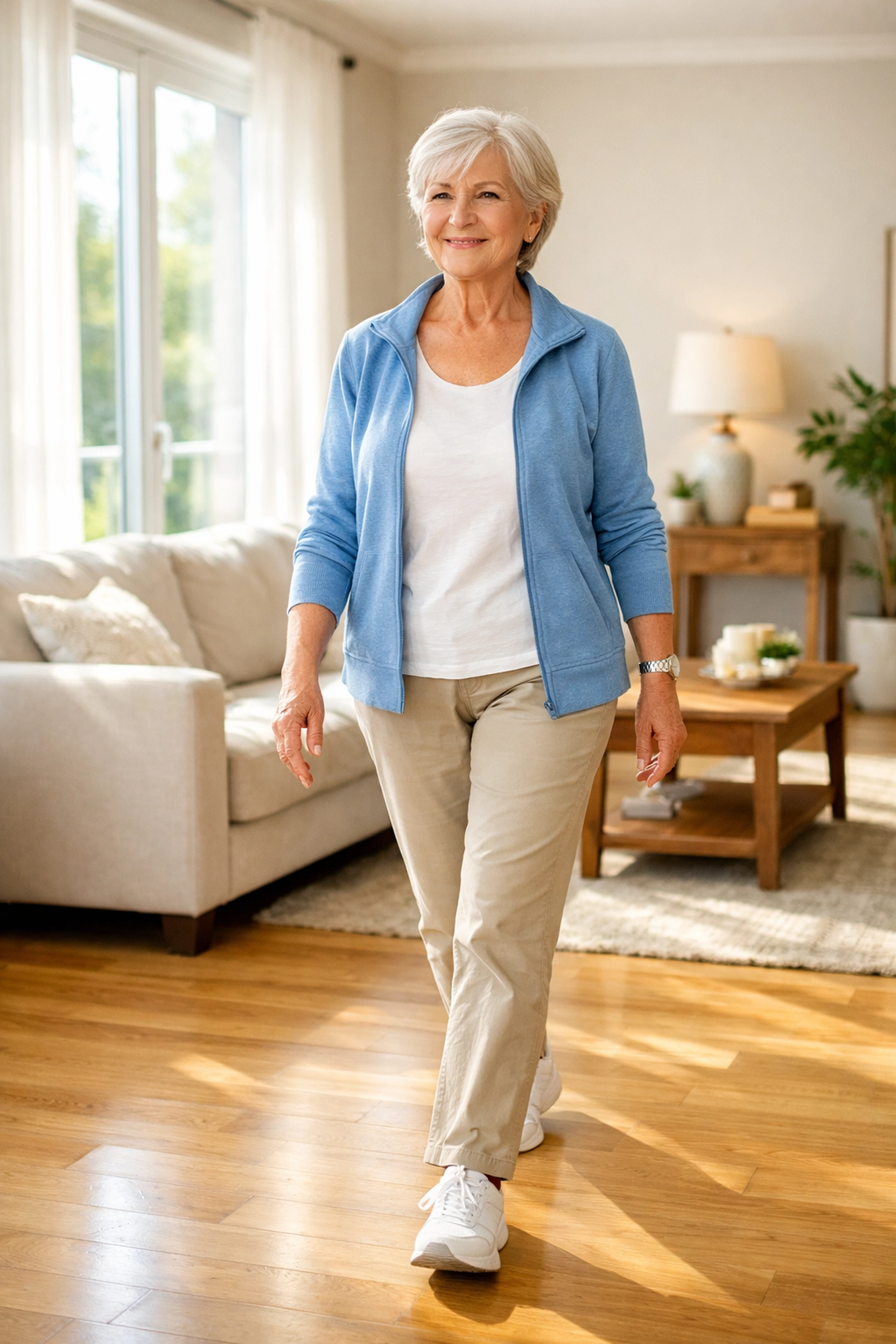 Senior woman walking safely in a bright, clutter-free living room, demonstrating home fall prevention.