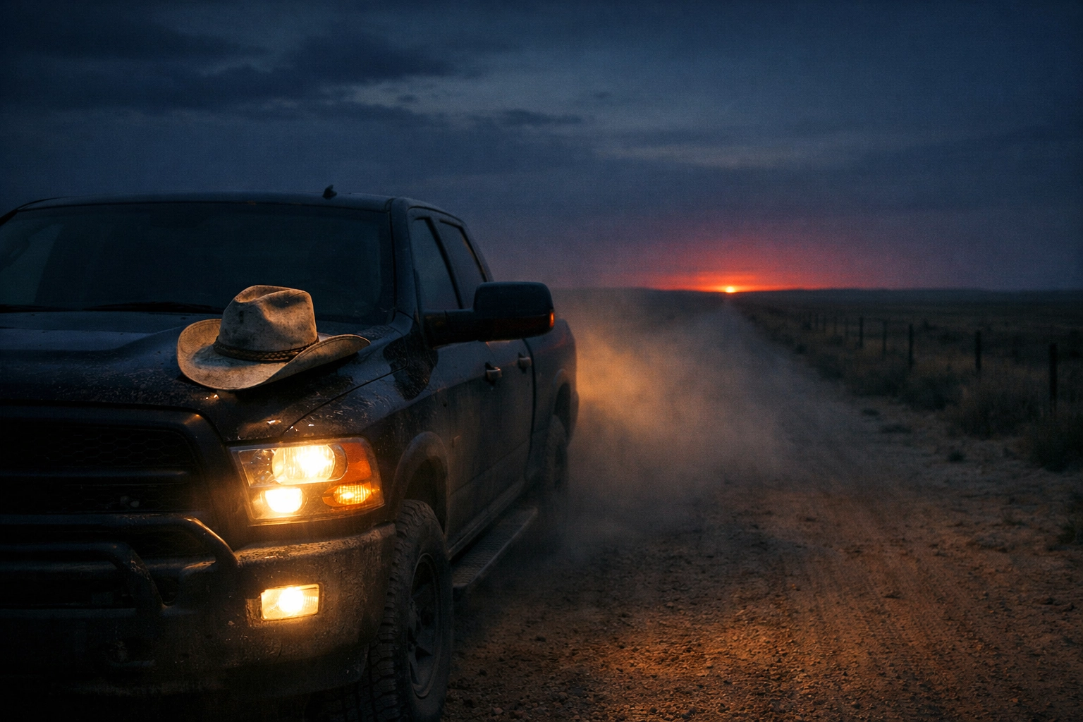 A modern pickup truck and cowboy hat at sunset, highlighting the themes of contemporary Western fiction.