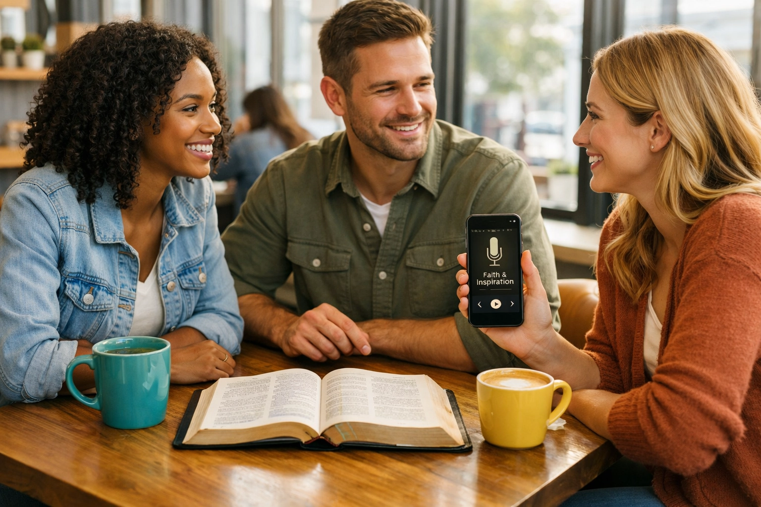 Group of people studying Bible together with smartphone podcast app in coffee shop