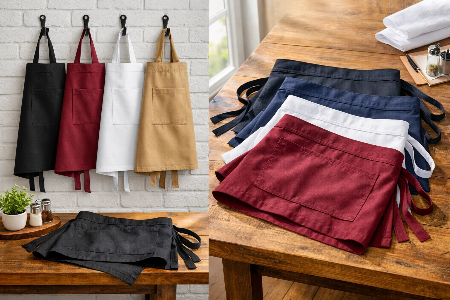 Collection of restaurant server aprons in black, burgundy, white, khaki and navy colors